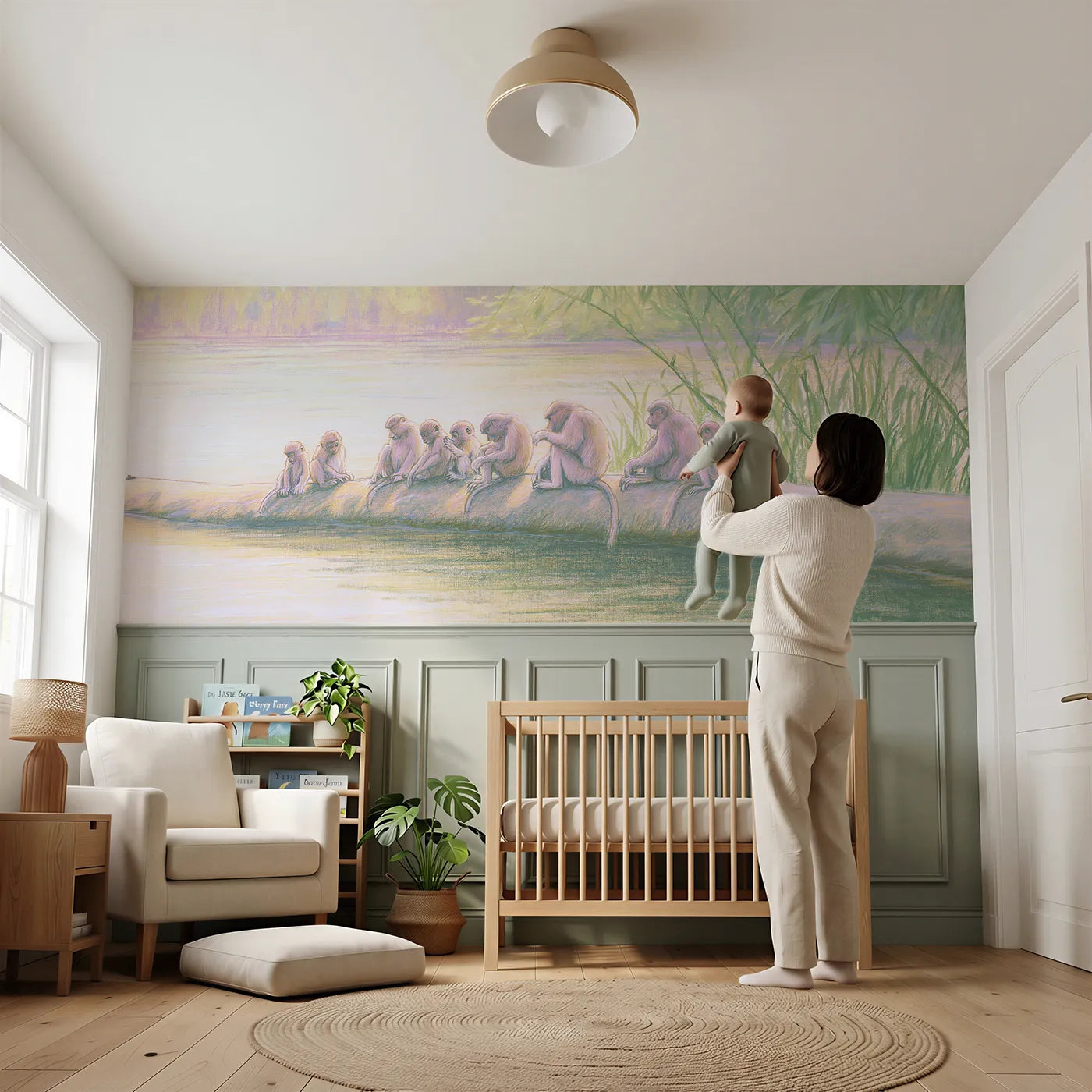 Child reading near Monkey Family Riverside Wainscoting Wallpaper by Whimsy Tots