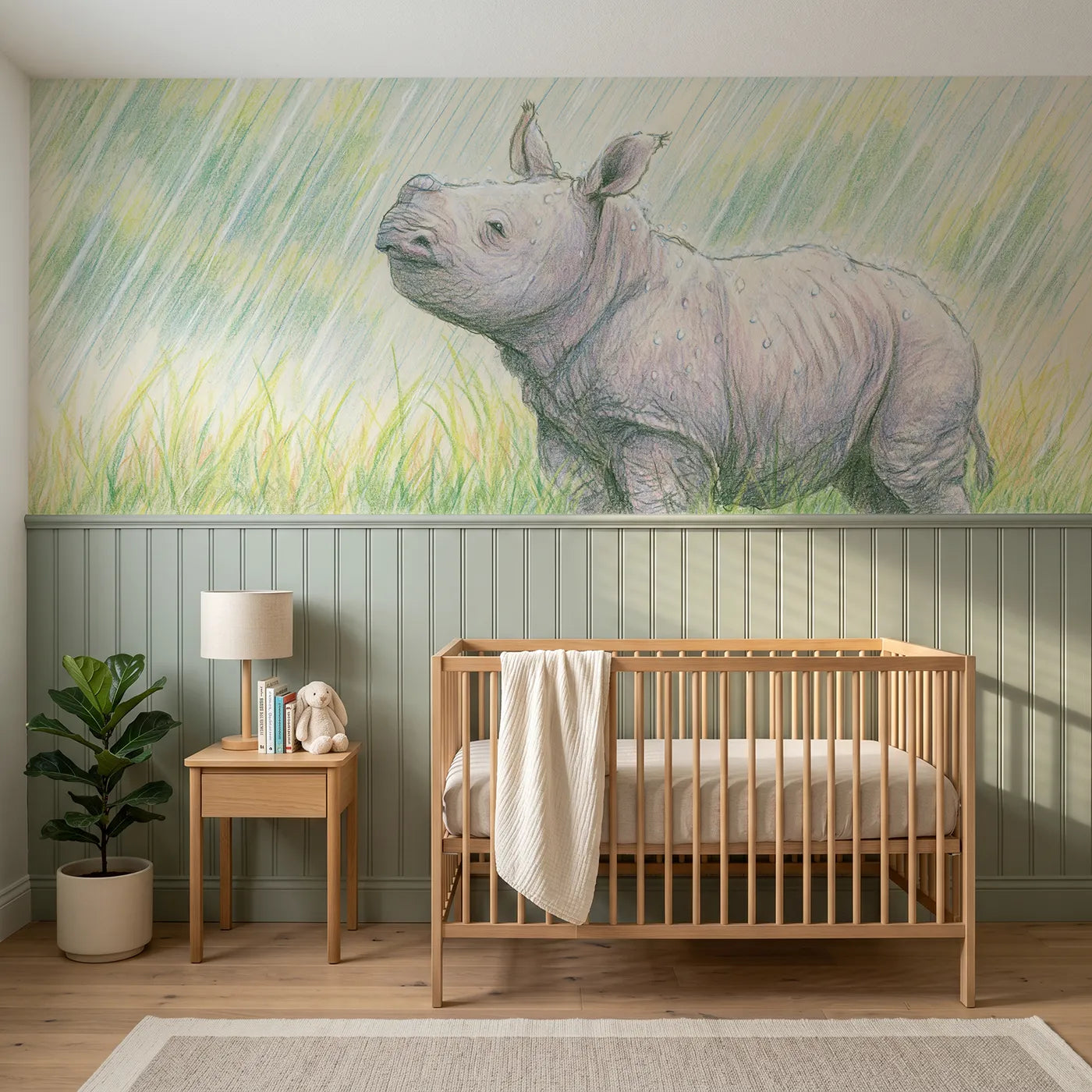 Colored pencil wainscoting wallpaper of a rhino calf in soft rain for toddler rooms by Whimsy Tots