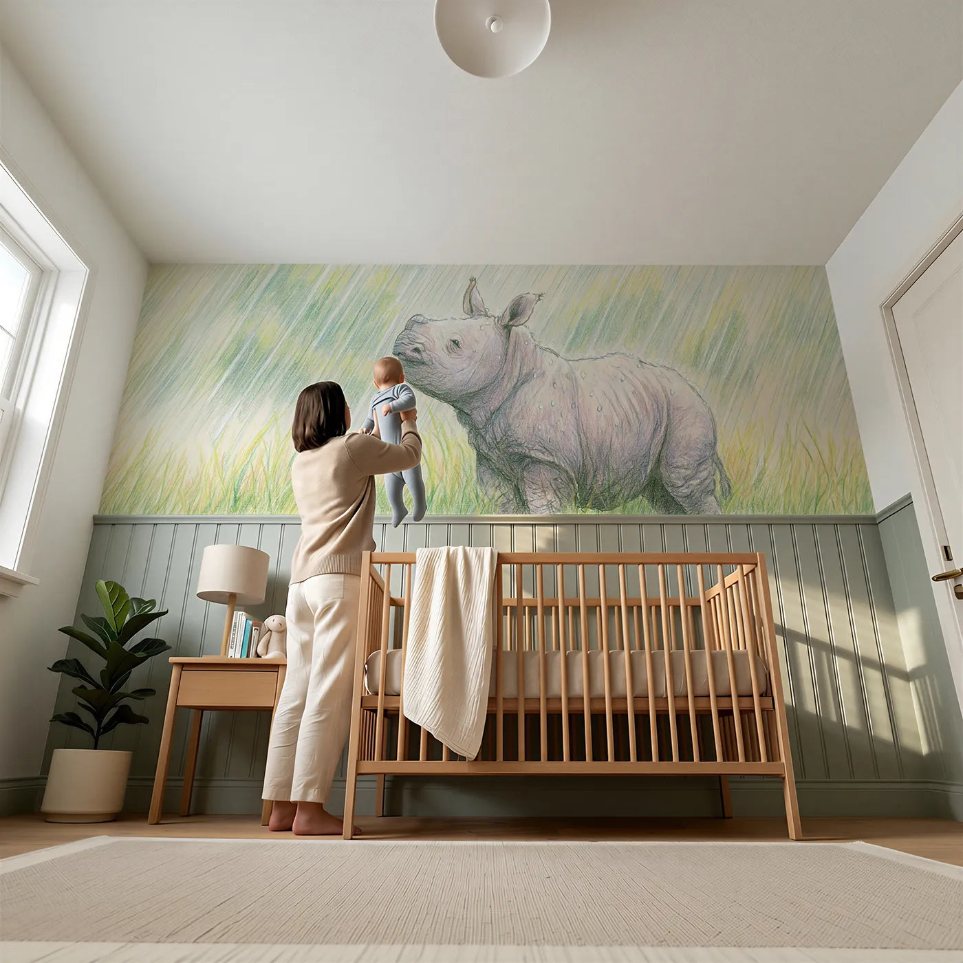 Child reading near Rhino Calf First Rain Wainscoting Wallpaper by Whimsy Tots