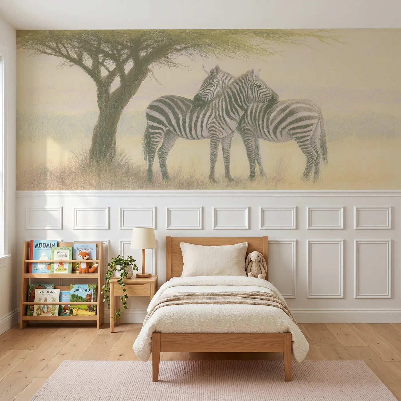 Colored pencil wainscoting wallpaper of two zebras in acacia shade by Whimsy Tots