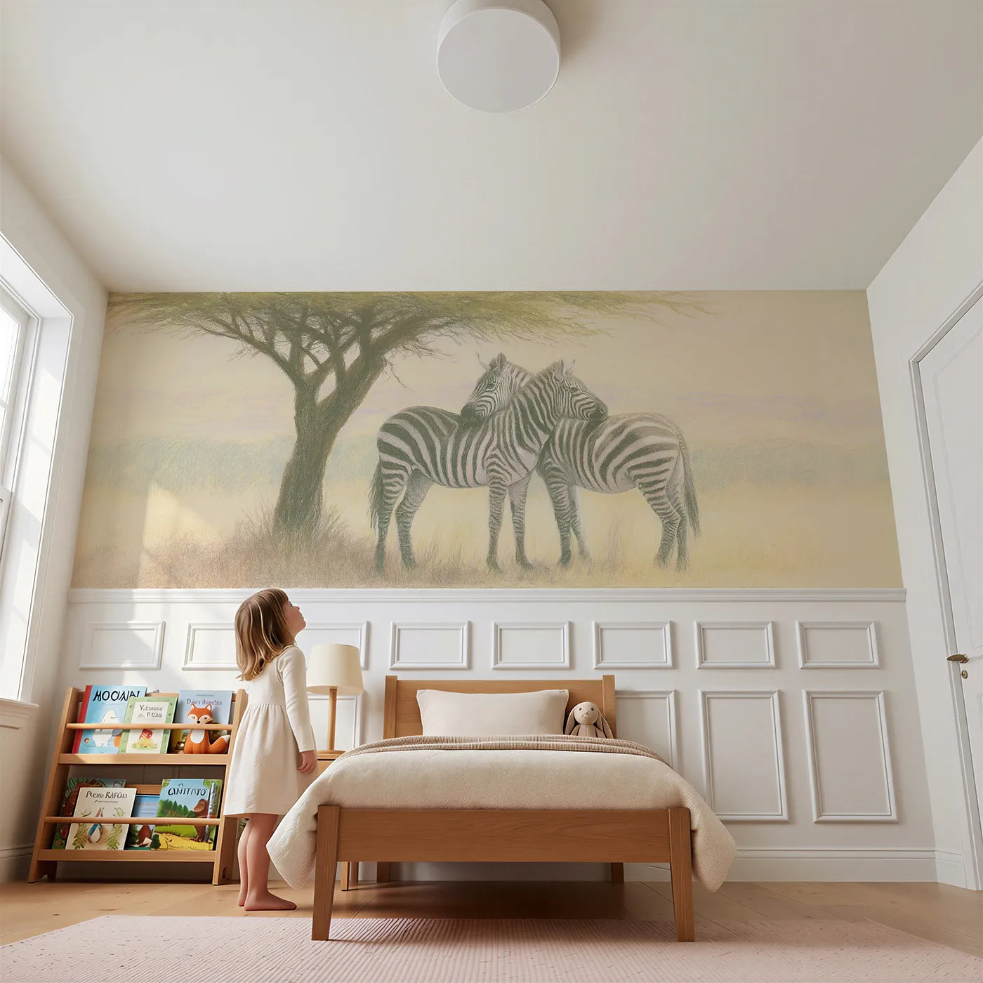 Child reading near Zebra Pair Acacia Shade Wainscoting Wallpaper by Whimsy Tots