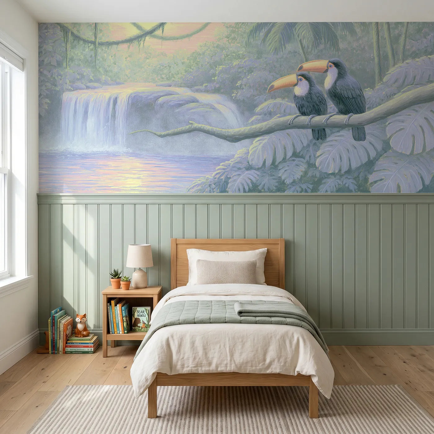 Colored pencil wainscoting wallpaper of toucans by a jungle waterfall for playrooms by Whimsy Tots