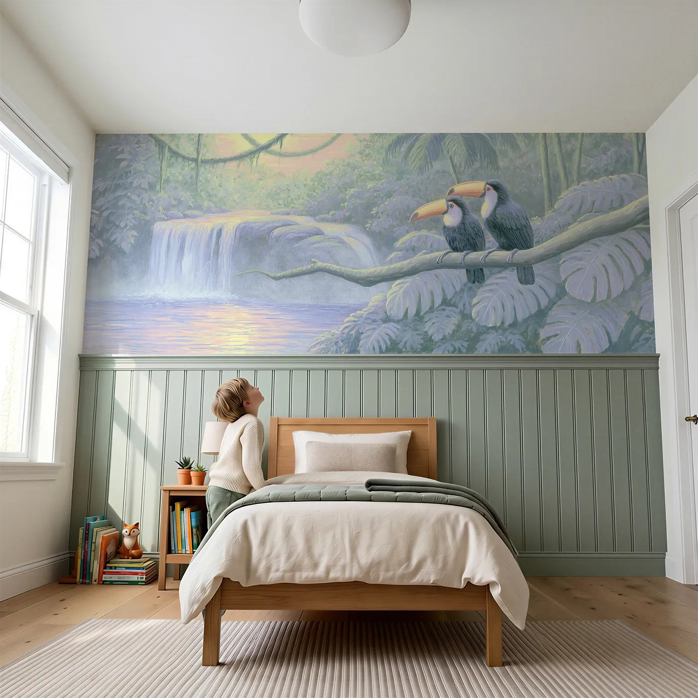 Child reading near Toucan Waterfall Morning Wainscoting Wallpaper by Whimsy Tots
