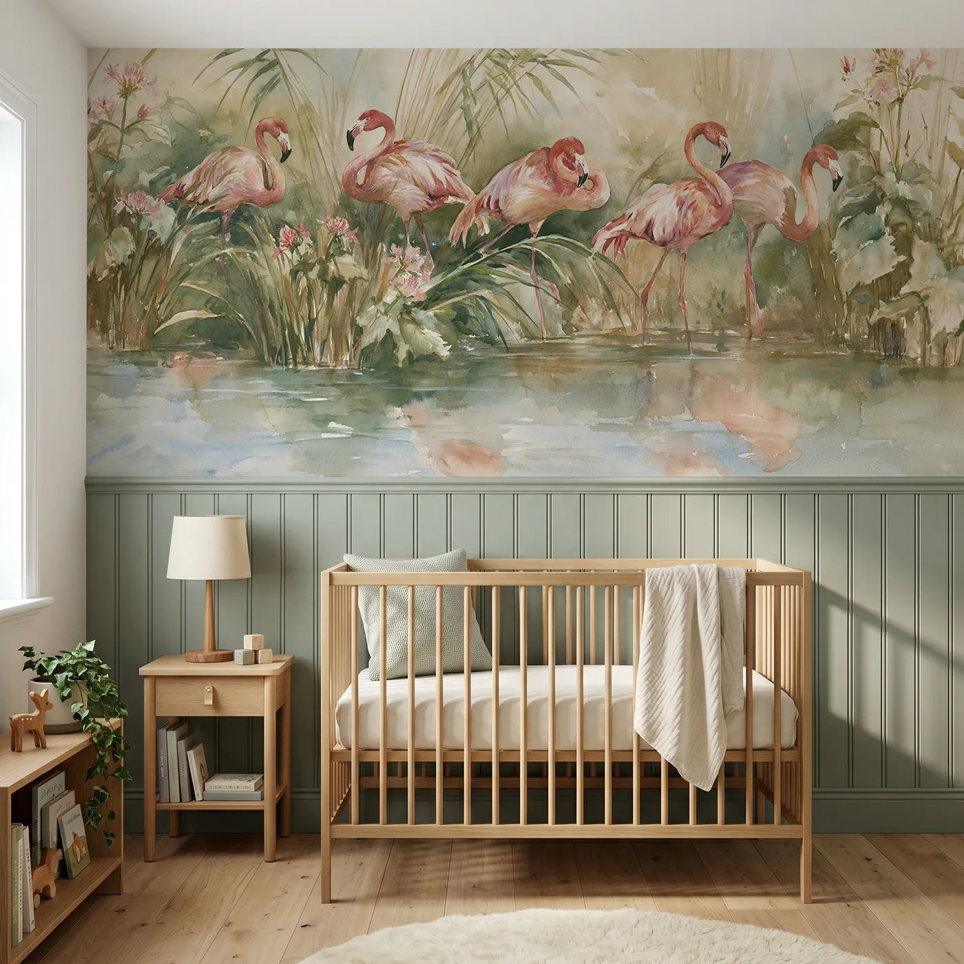 Watercolor wainscoting wallpaper of flamingos wading among reeds for a nursery by Whimsy Tots