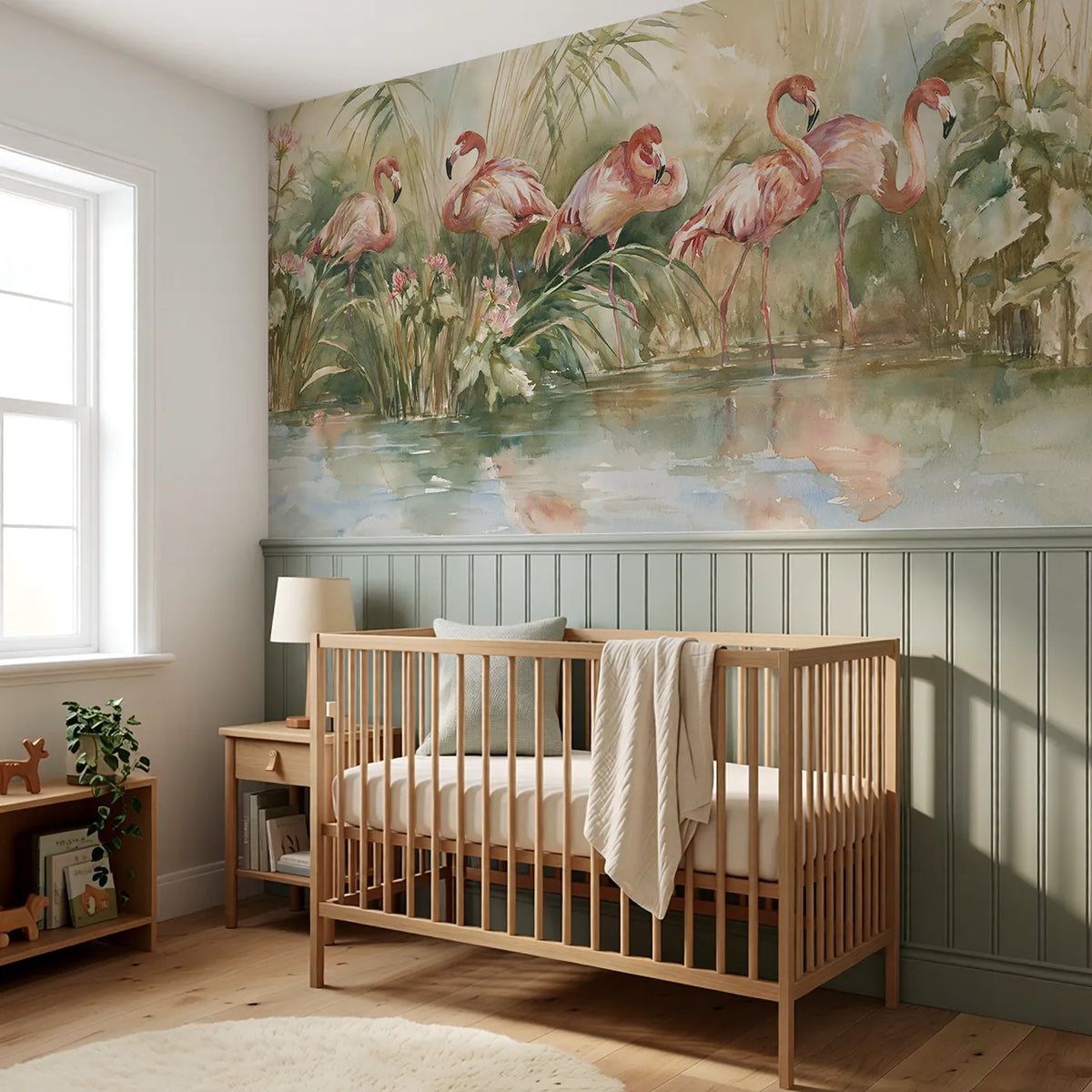 Flamingo Reed Garden Wainscoting Wallpaper styled in a kids room by Whimsy Tots