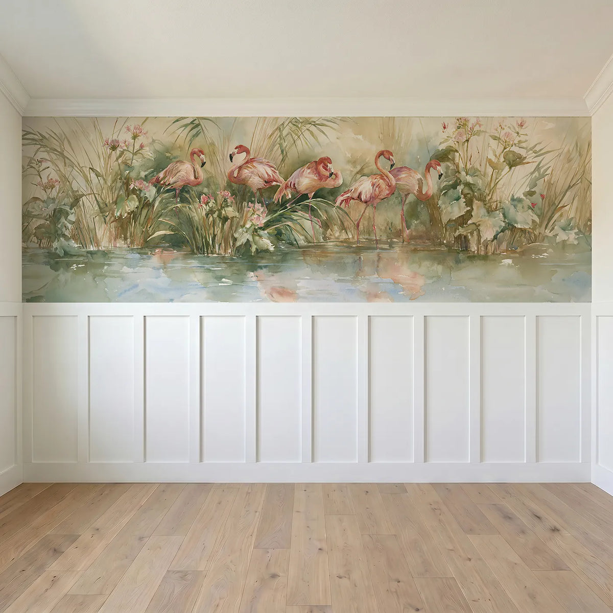 Full panel view of Flamingo Reed Garden Wainscoting Wallpaper by Whimsy Tots