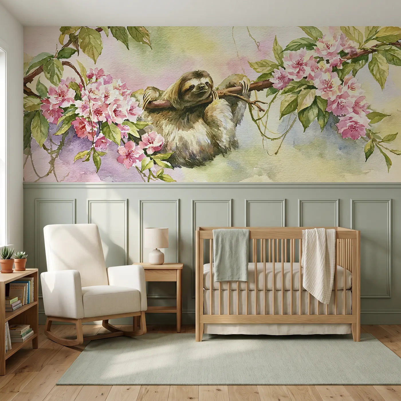 Watercolor wainscoting mural of a sloth in flowering branches for a nursery by Whimsy Tots