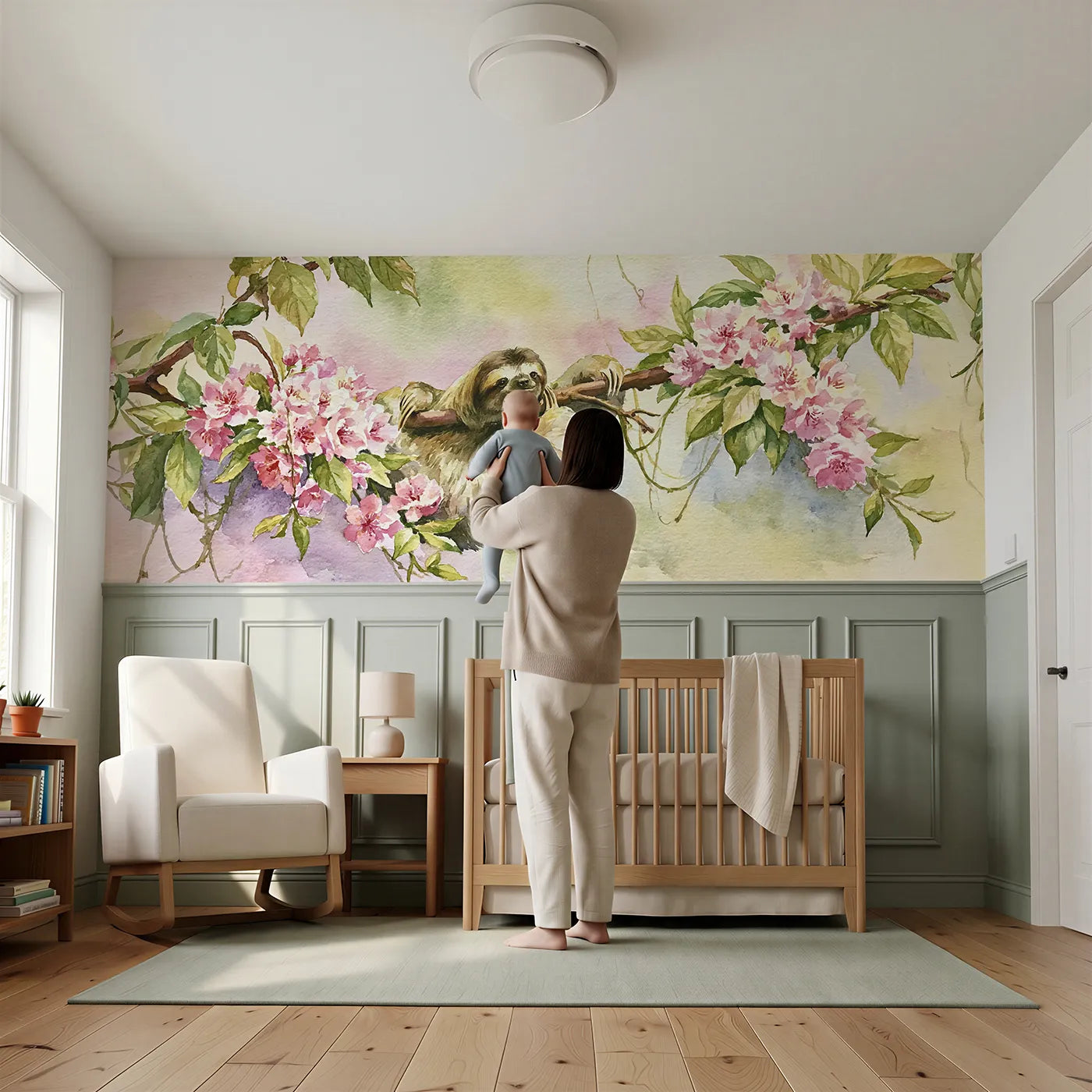 Child reading near Sloth Morning Flowers Wainscoting Wallpaper by Whimsy Tots