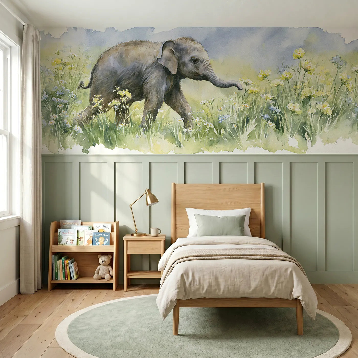 Watercolor wainscoting wallpaper of an elephant calf among wildflowers by Whimsy Tots