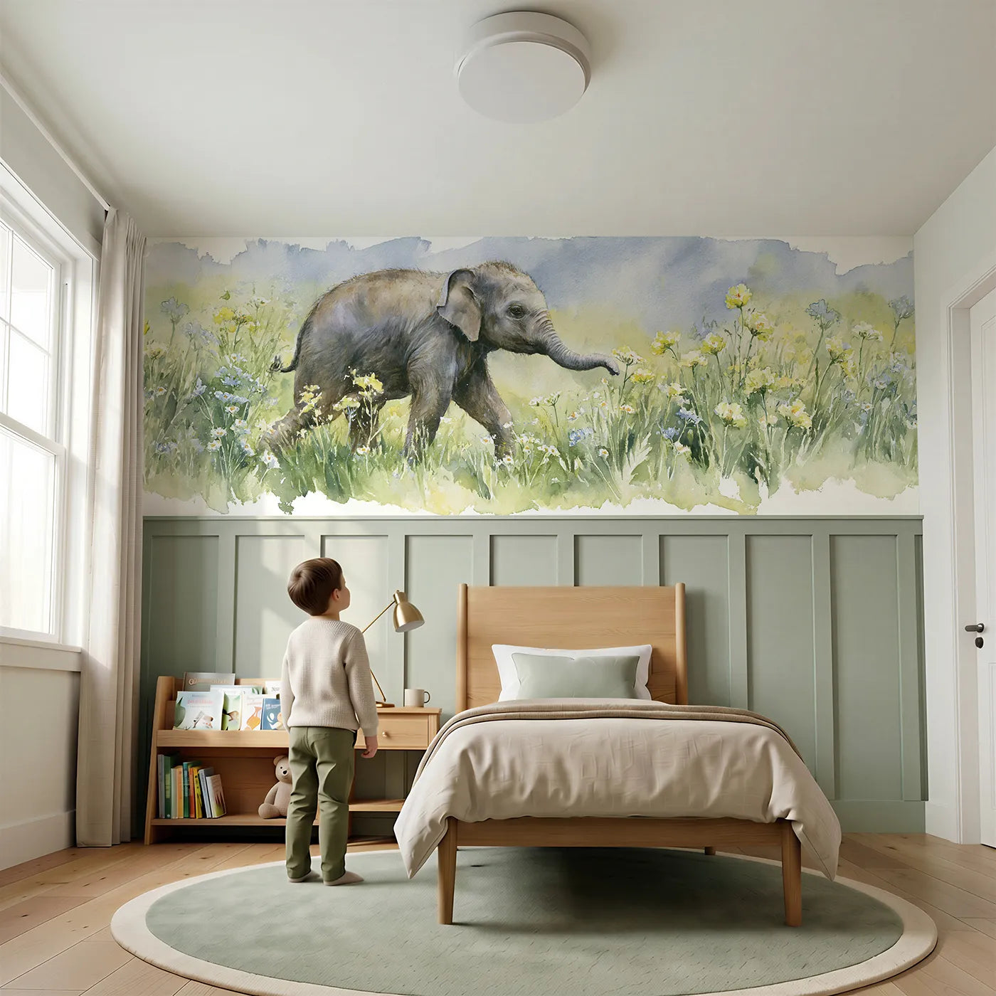 Child reading near Elephant Calf Wildflower Walk Wainscoting Wallpaper by Whimsy Tots