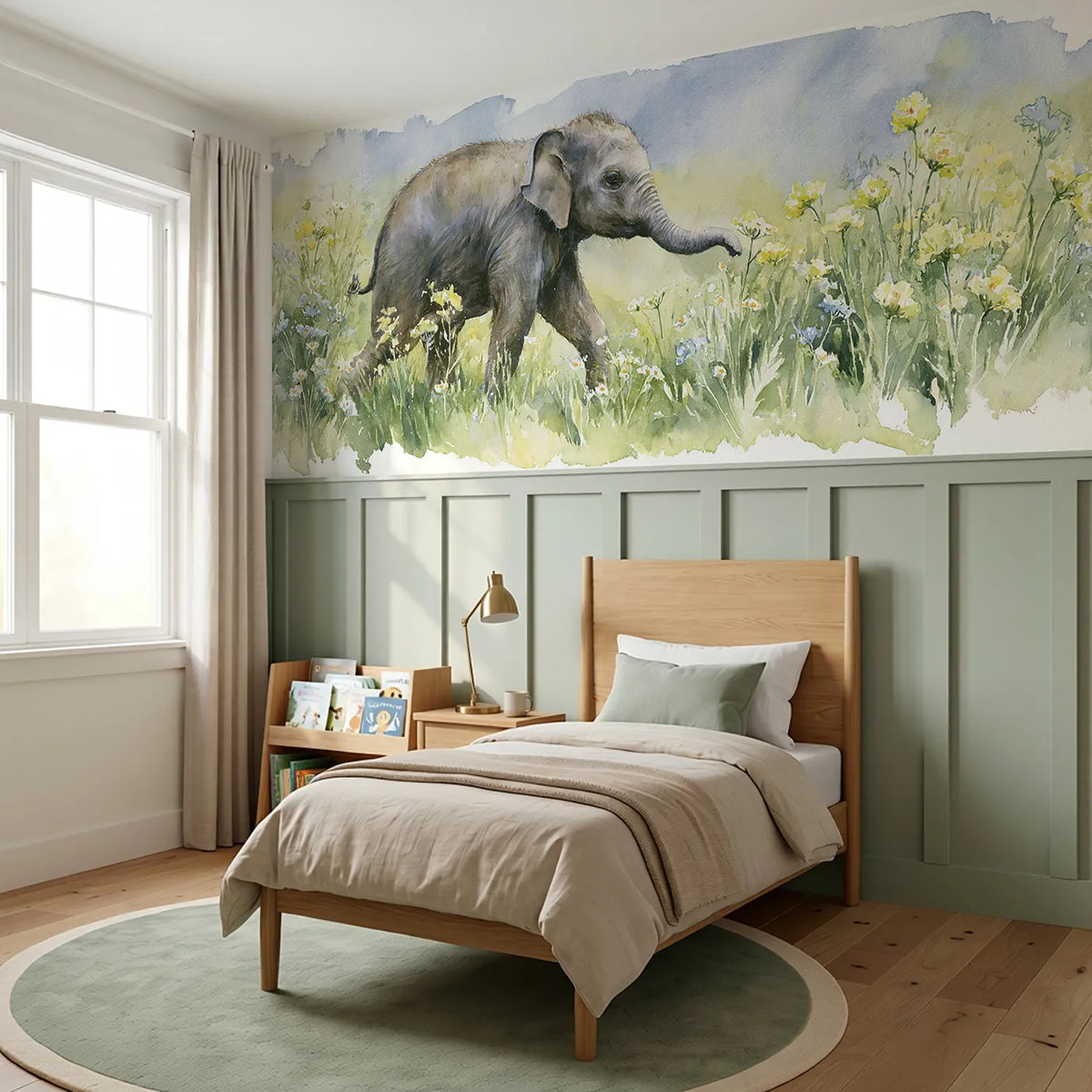 Elephant Calf Wildflower Walk Wainscoting Wallpaper styled in a kids room by Whimsy Tots