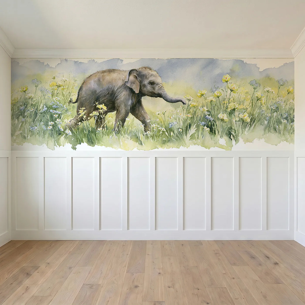 Full panel view of Elephant Calf Wildflower Walk Wainscoting Wallpaper by Whimsy Tots
