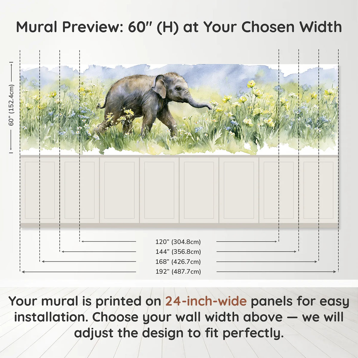 Panel dimensions for Elephant Calf Wildflower Walk Wainscoting Wallpaper by Whimsy Tots