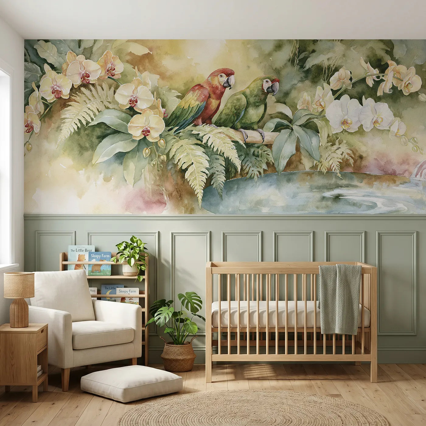 Watercolor wainscoting wallpaper of parrots and orchids by a waterfall for playrooms by Whimsy Tots