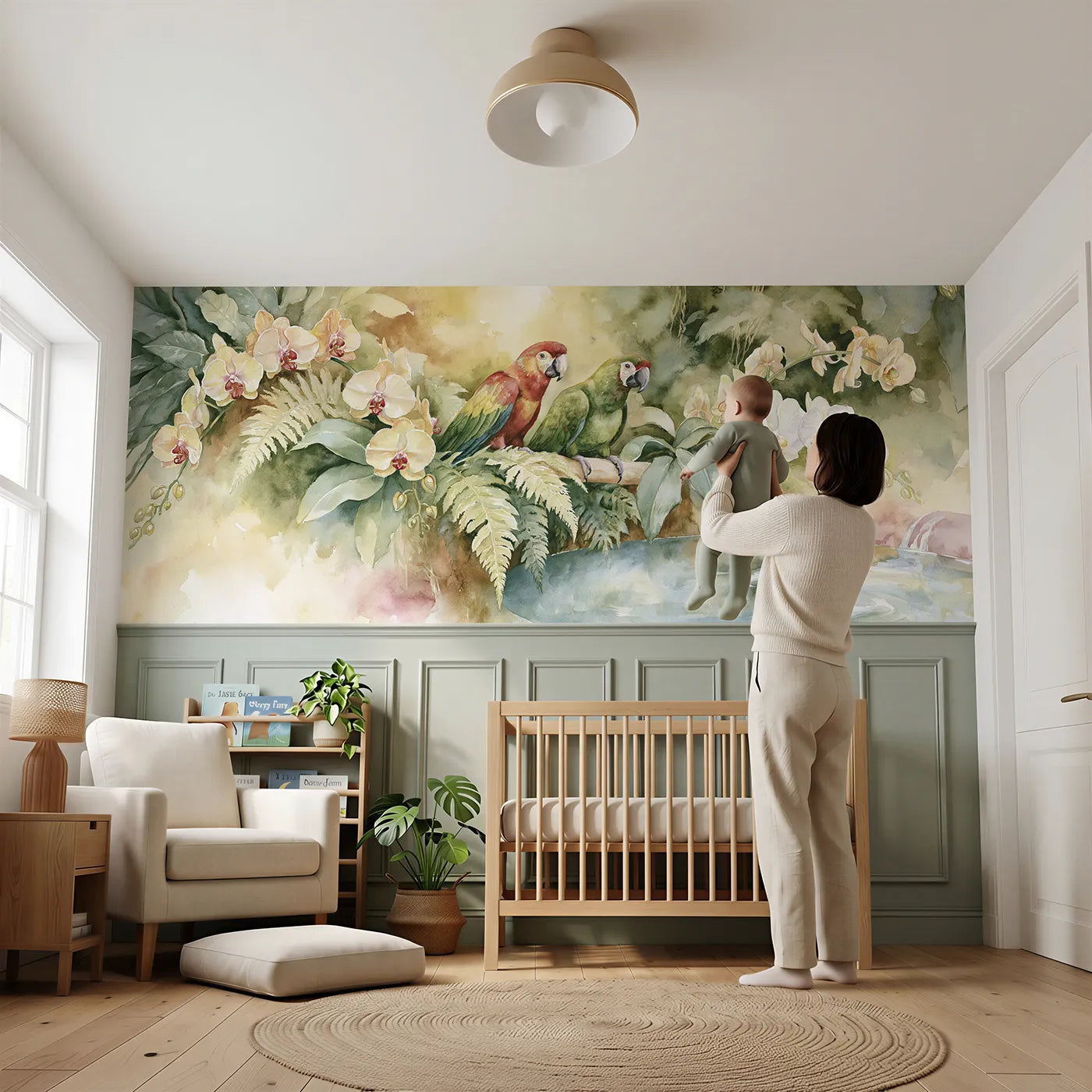 Child reading near Parrot Pair Waterfall Blooms Wainscoting Wallpaper by Whimsy Tots