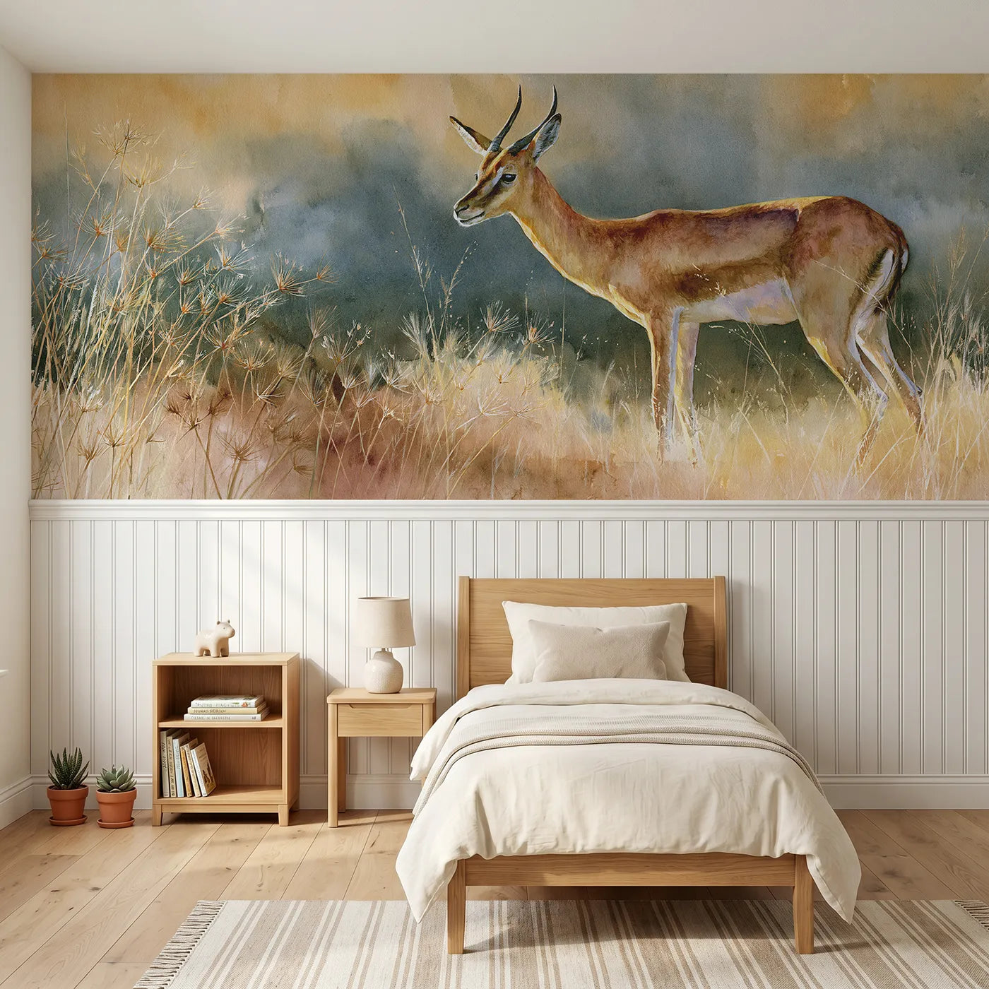 Watercolor wainscoting wallpaper of a gazelle in dawn seed grasses for a nursery by Whimsy Tots