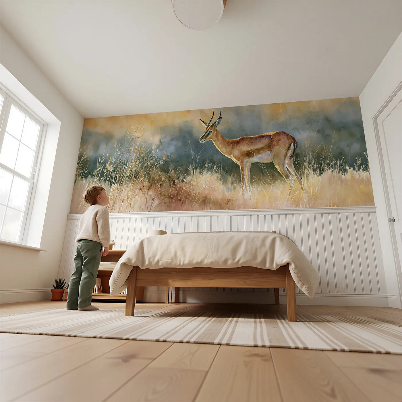 Child reading near Gazelle Dawn Seed Heads Wainscoting Wallpaper by Whimsy Tots