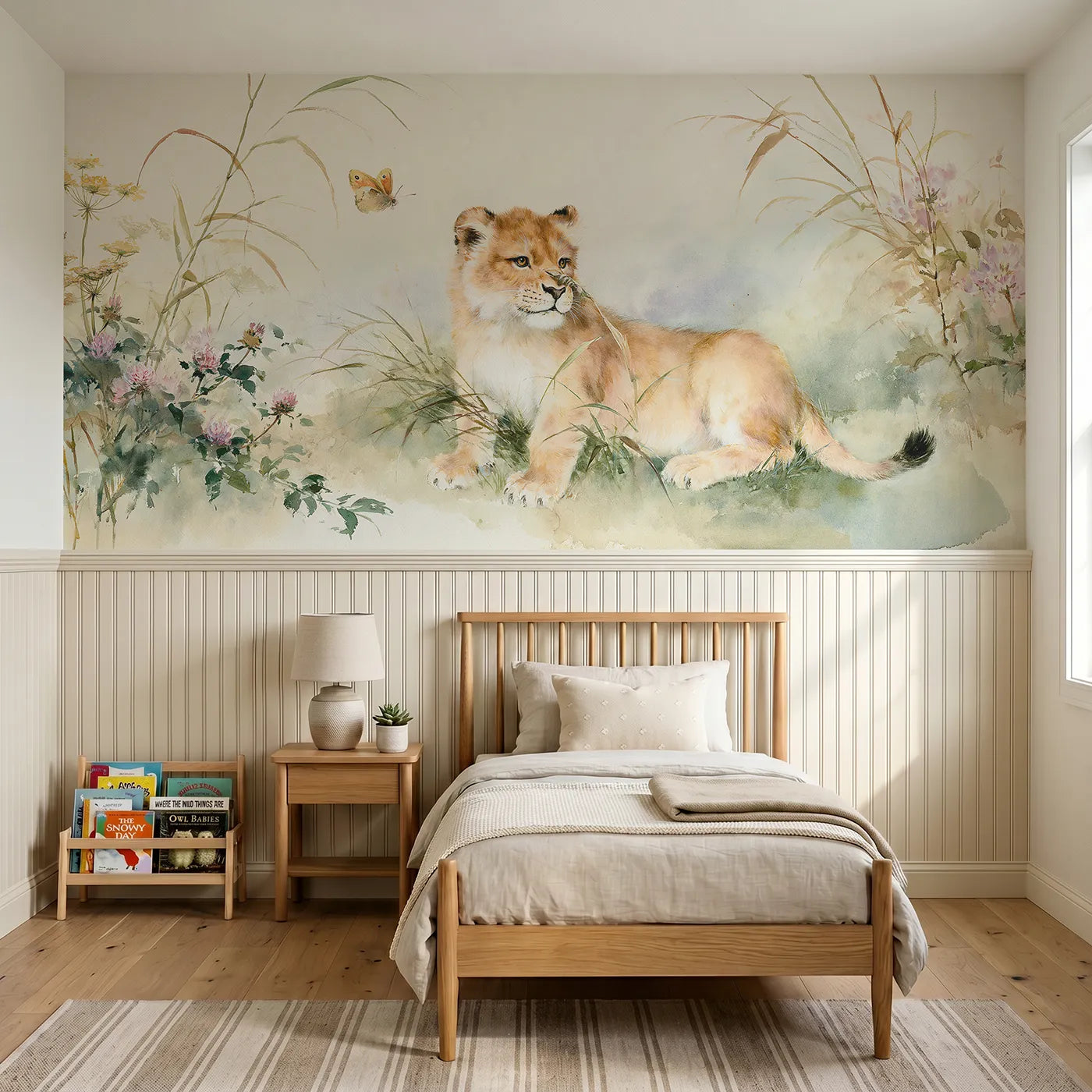 Watercolor wainscoting wallpaper of a lion cub watching a butterfly for playrooms by Whimsy Tots