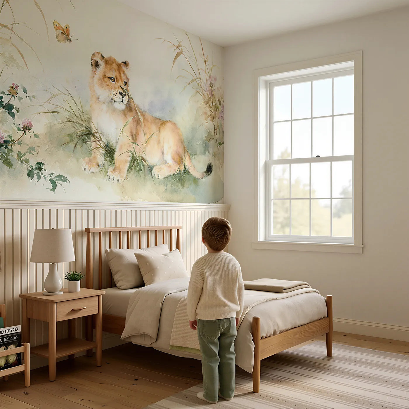 Child reading near Lion Cub Butterfly Meadow Wainscoting Wallpaper by Whimsy Tots