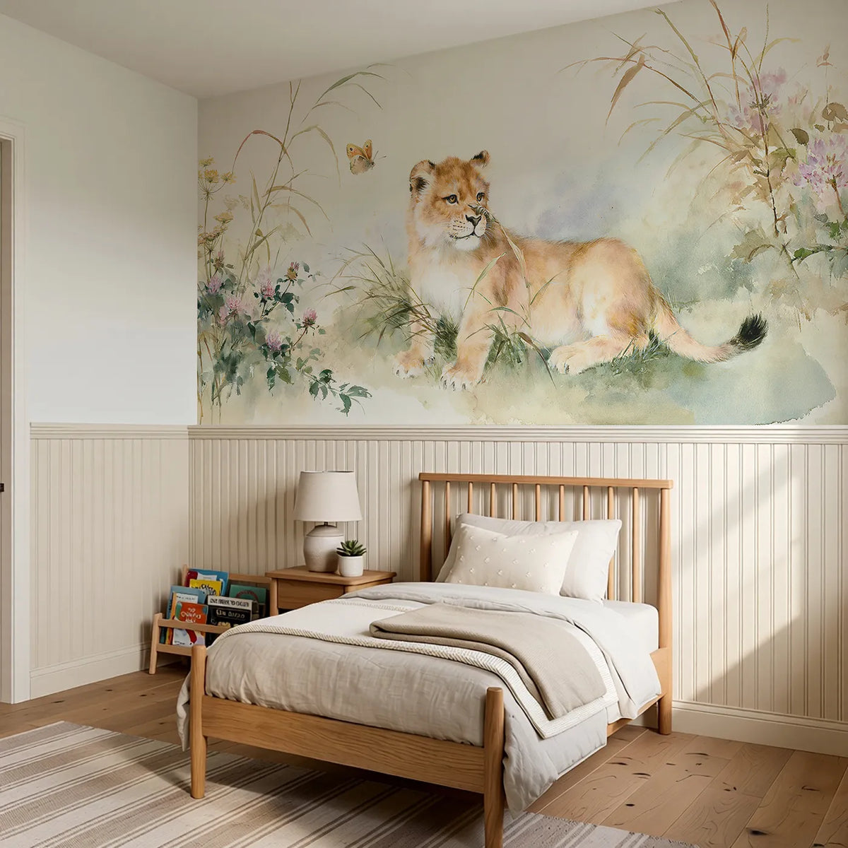 Lion Cub Butterfly Meadow Wainscoting Wallpaper styled in a kids room by Whimsy Tots