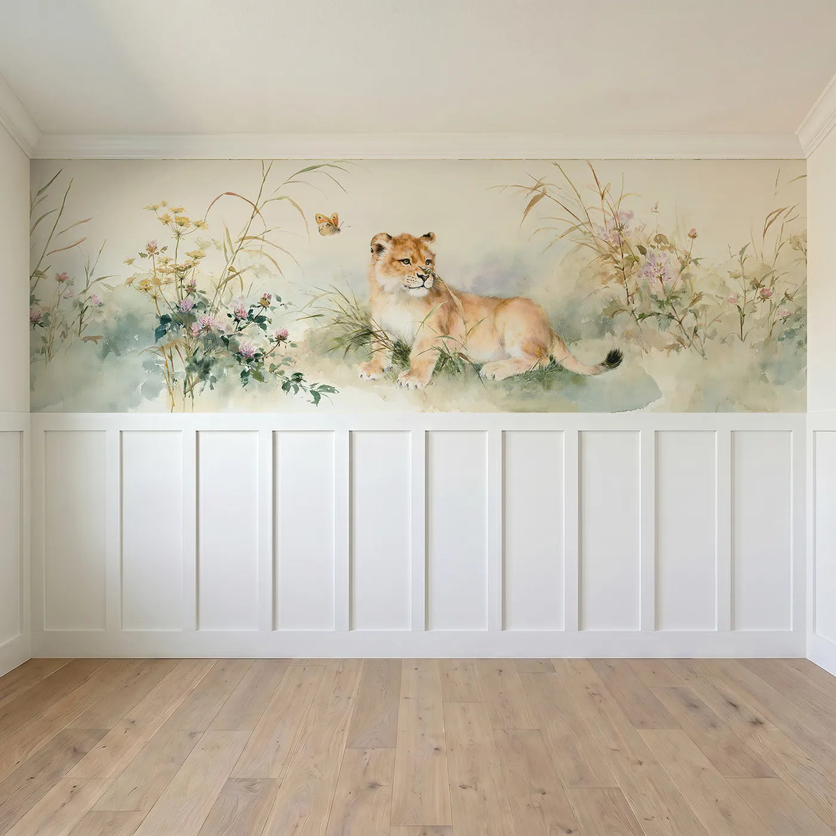 Full panel view of Lion Cub Butterfly Meadow Wainscoting Wallpaper by Whimsy Tots