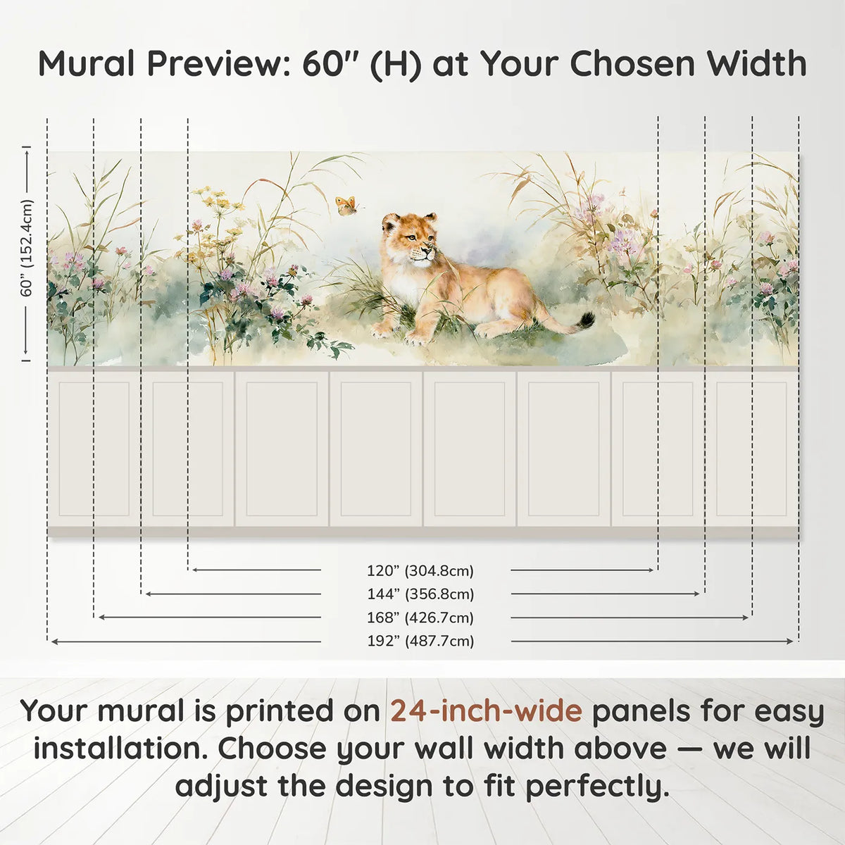 Panel dimensions for Lion Cub Butterfly Meadow Wainscoting Wallpaper by Whimsy Tots