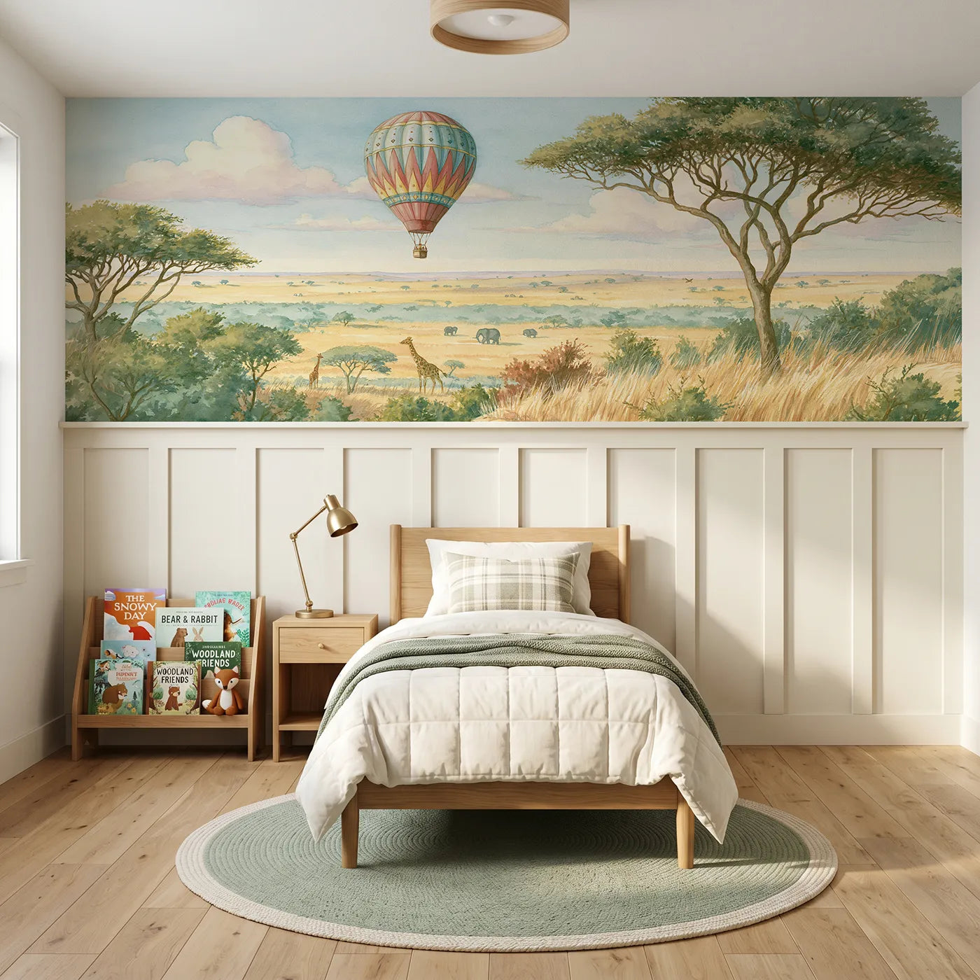 Storybook wainscoting mural of a hot-air balloon over savanna for big-kid rooms by Whimsy Tots