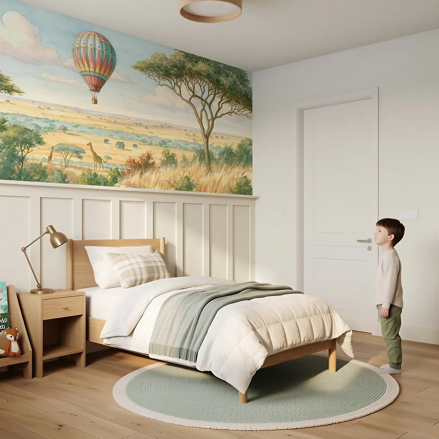 Child reading near Balloon Ride Over Savanna Wainscoting Wallpaper by Whimsy Tots