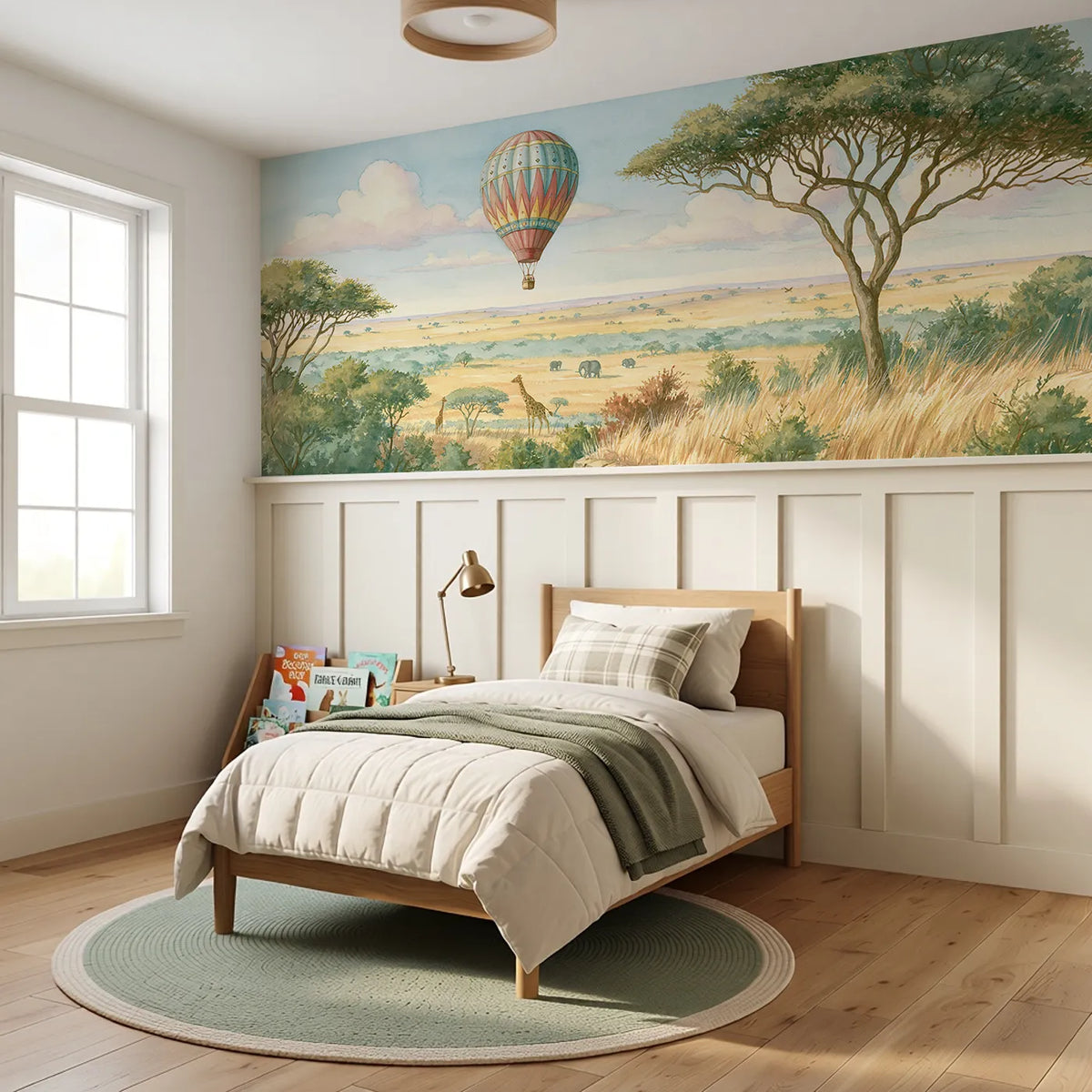 Balloon Ride Over Savanna Wainscoting Wallpaper styled in a kids room by Whimsy Tots