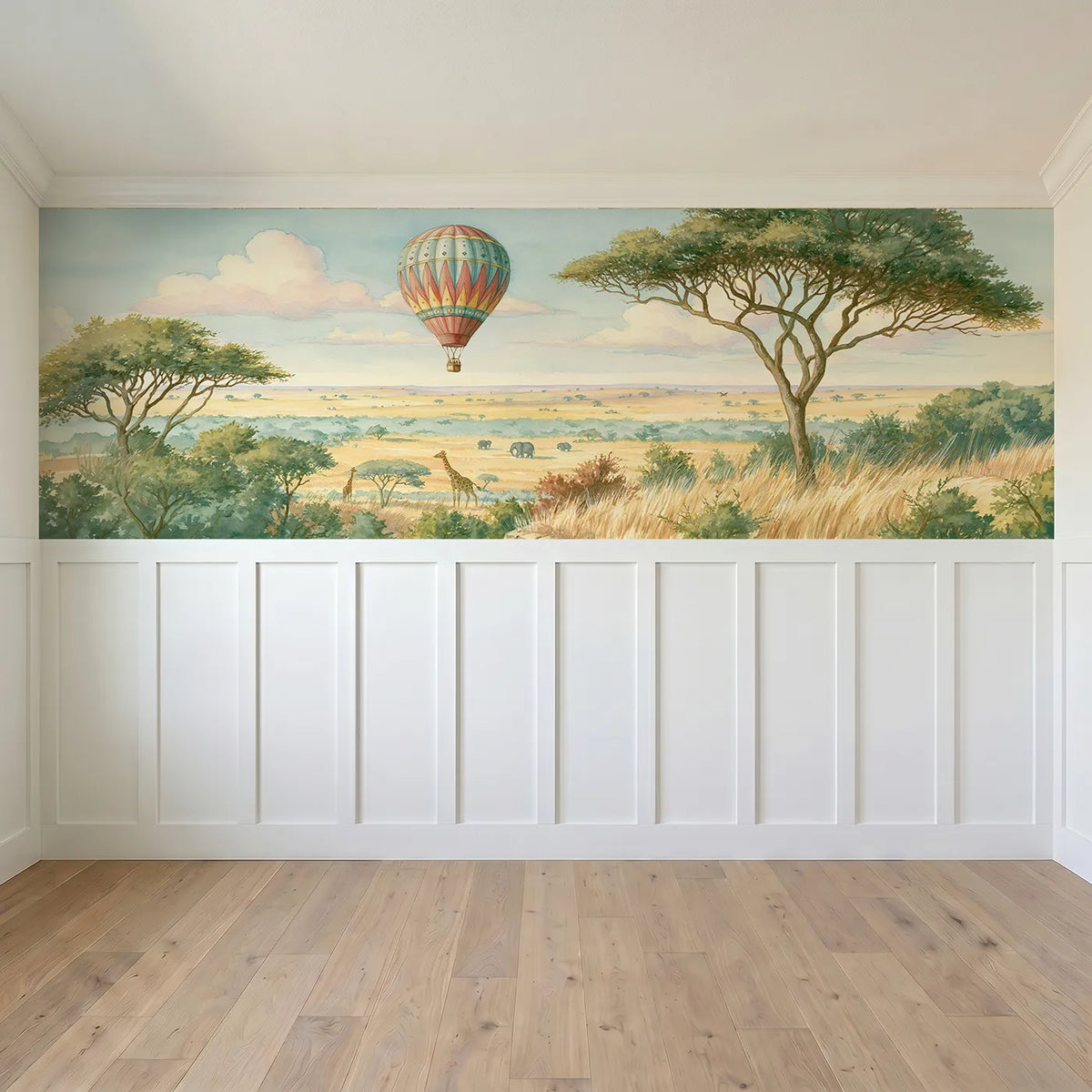 Full panel view of Balloon Ride Over Savanna Wainscoting Wallpaper by Whimsy Tots