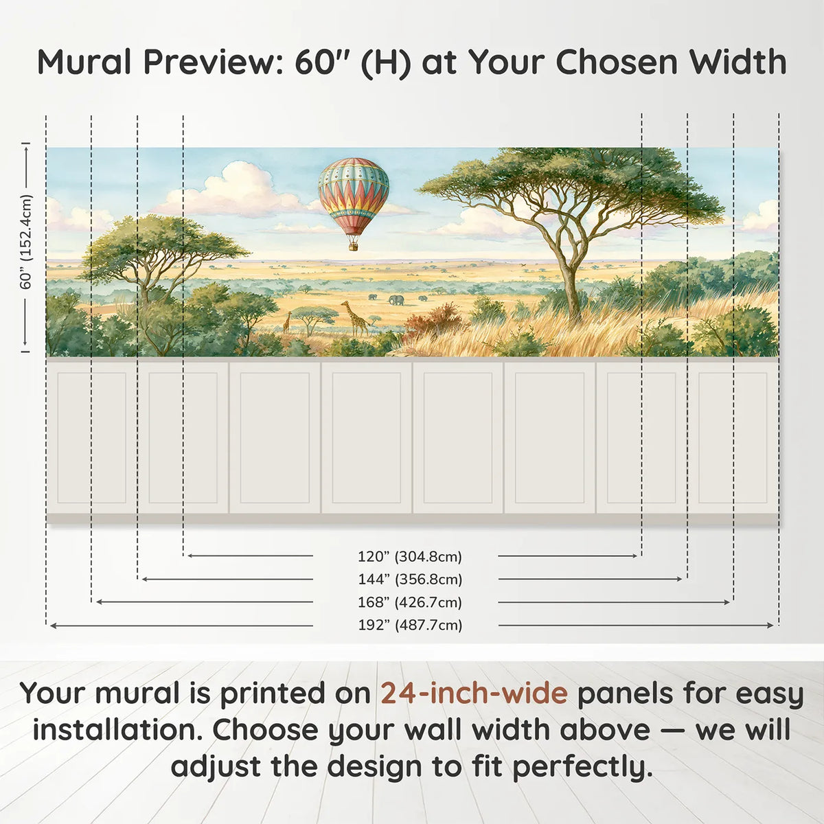 Panel dimensions for Balloon Ride Over Savanna Wainscoting Wallpaper by Whimsy Tots