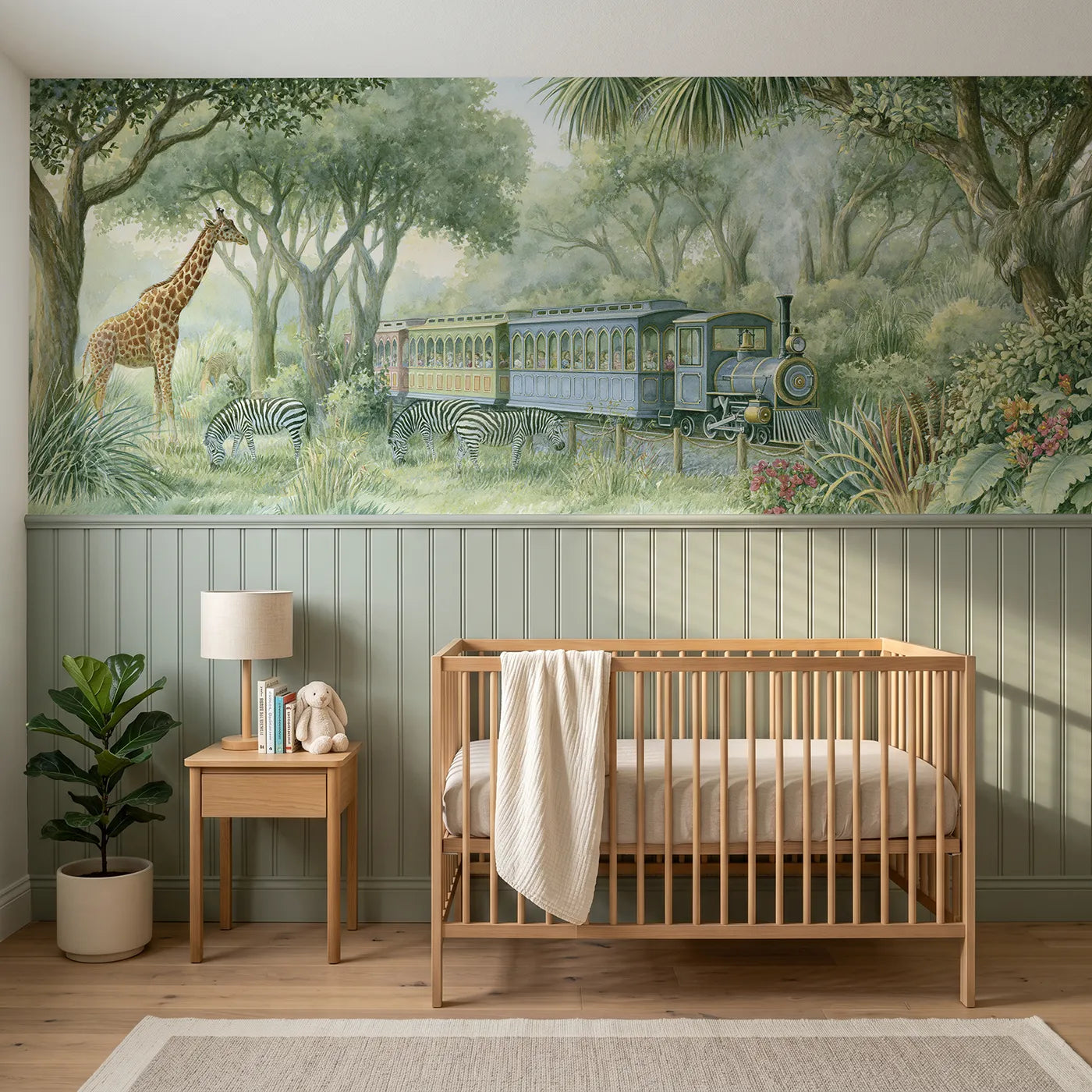 Storybook wainscoting wallpaper of a little zoo train and friendly animals by Whimsy Tots