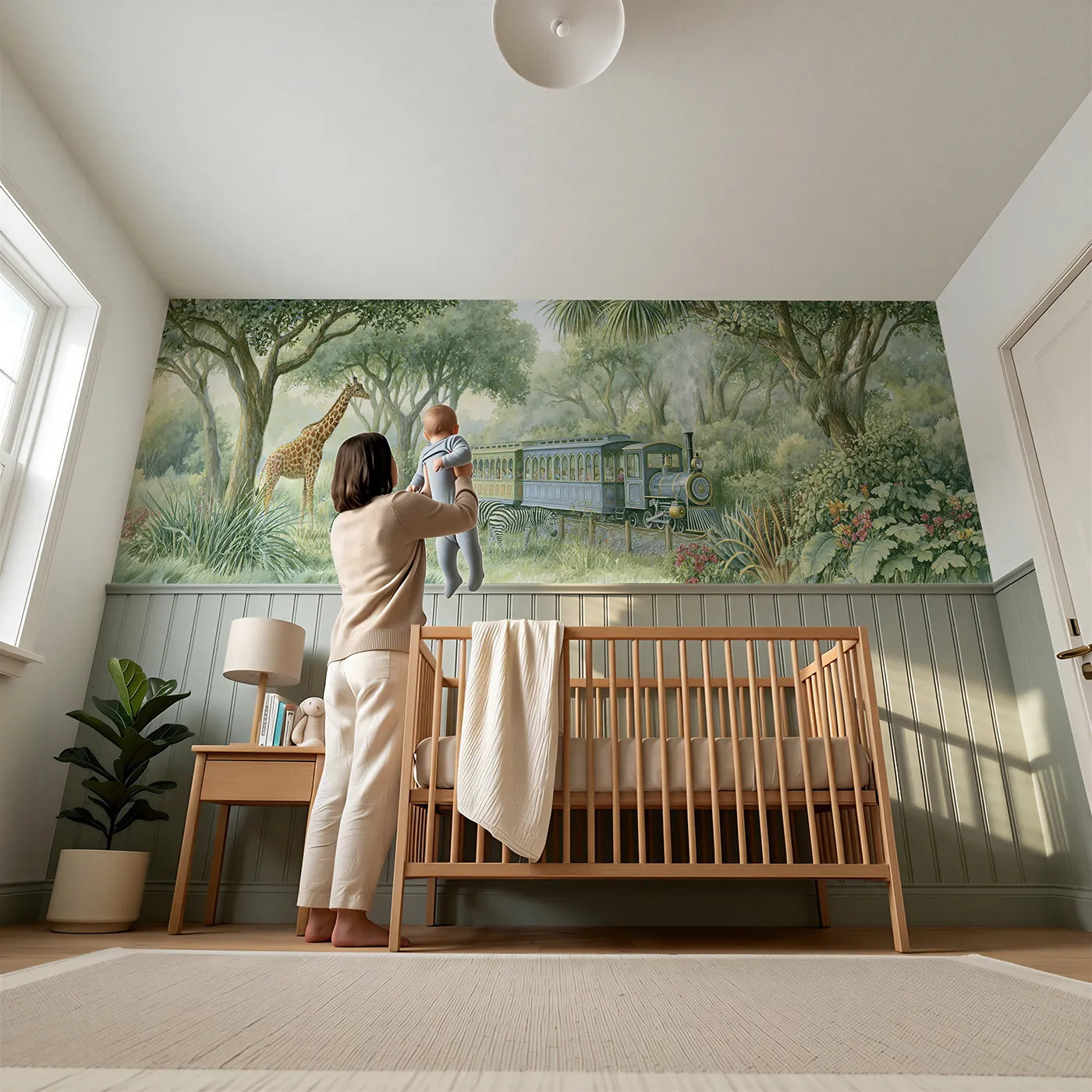 Child reading near Little Zoo Train Ride Wainscoting Wallpaper by Whimsy Tots