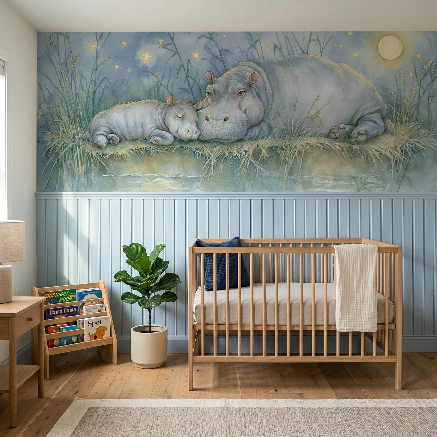 Storybook wainscoting wallpaper of a hippo mother and sleepy calf at moonrise by Whimsy Tots