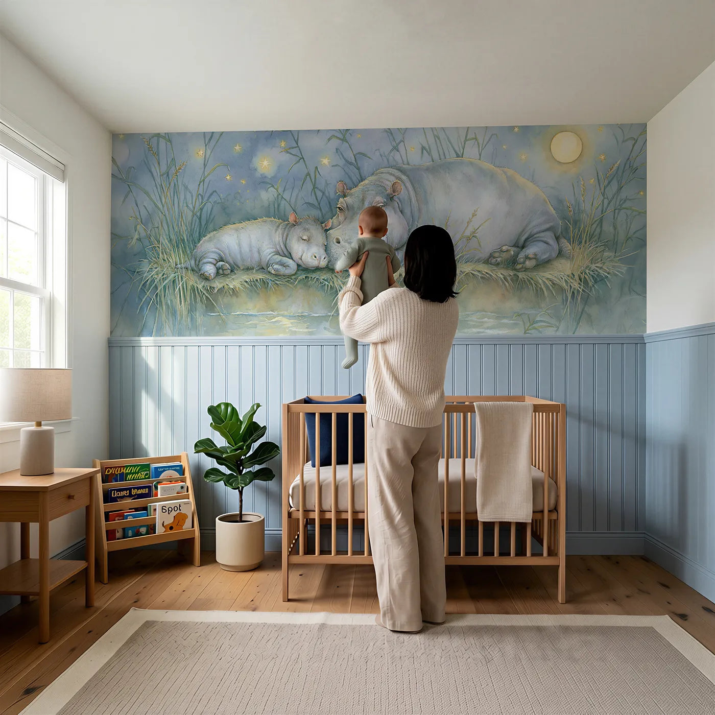 Child reading near Hippo Bedtime Lullaby Wainscoting Wallpaper by Whimsy Tots