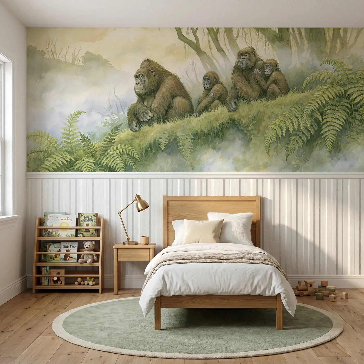 Storybook wainscoting wallpaper of a gorilla family in morning mist for kids rooms by Whimsy Tots