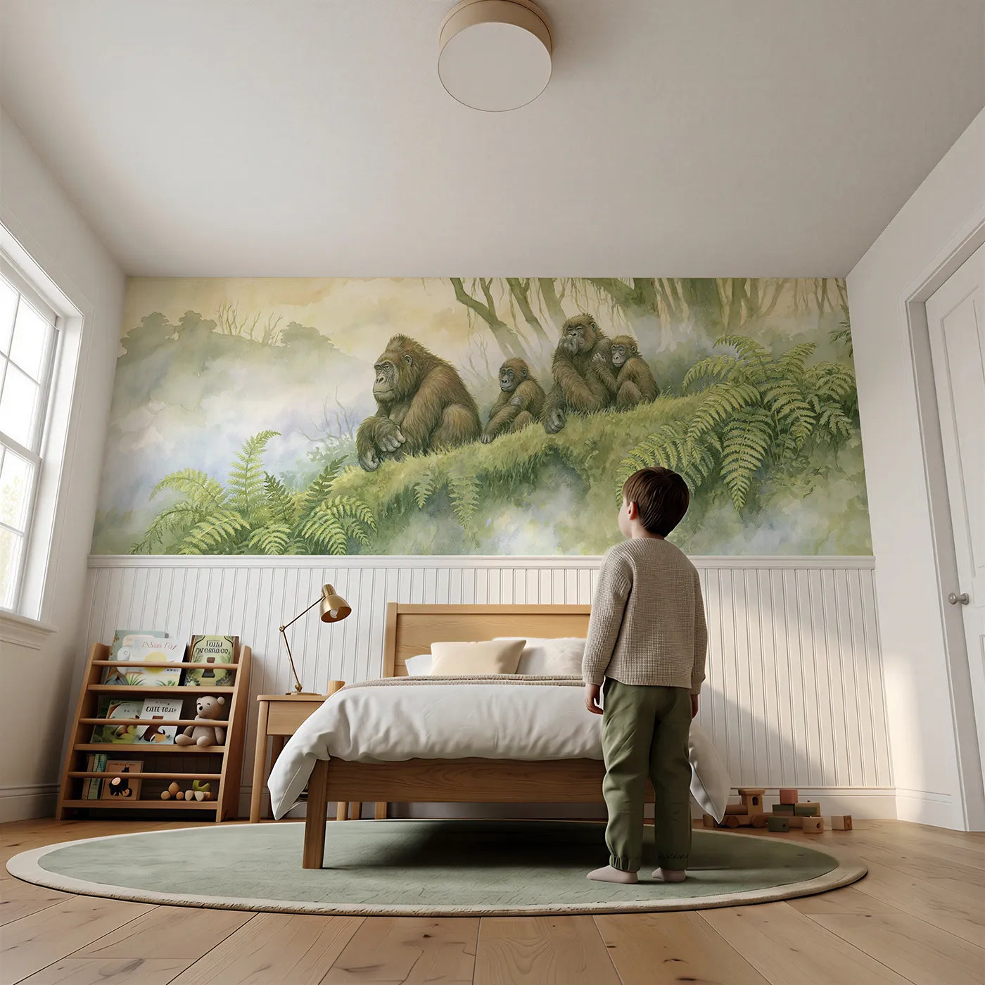 Child reading near Gorilla Family Misty Morning Wainscoting Wallpaper by Whimsy Tots