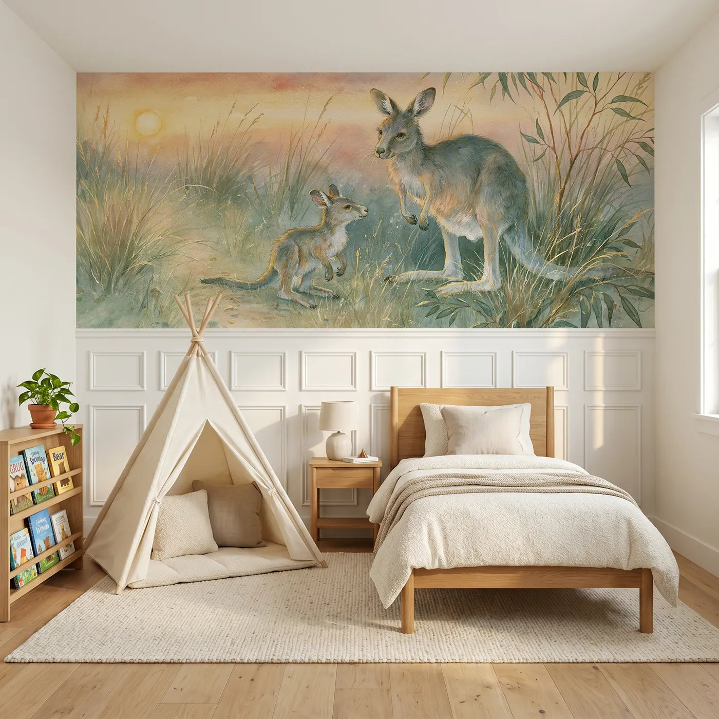 Storybook wainscoting wallpaper of a joey practicing hops at dusk by Whimsy Tots