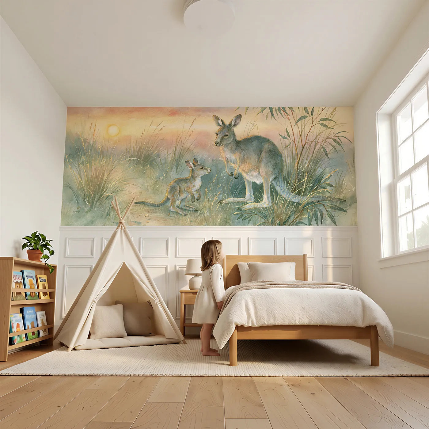 Child reading near Kangaroo Joey Evening Hop Wainscoting Wallpaper by Whimsy Tots