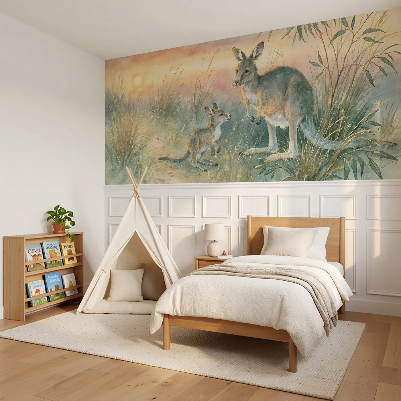 Kangaroo Joey Evening Hop Wainscoting Wallpaper styled in a kids room by Whimsy Tots