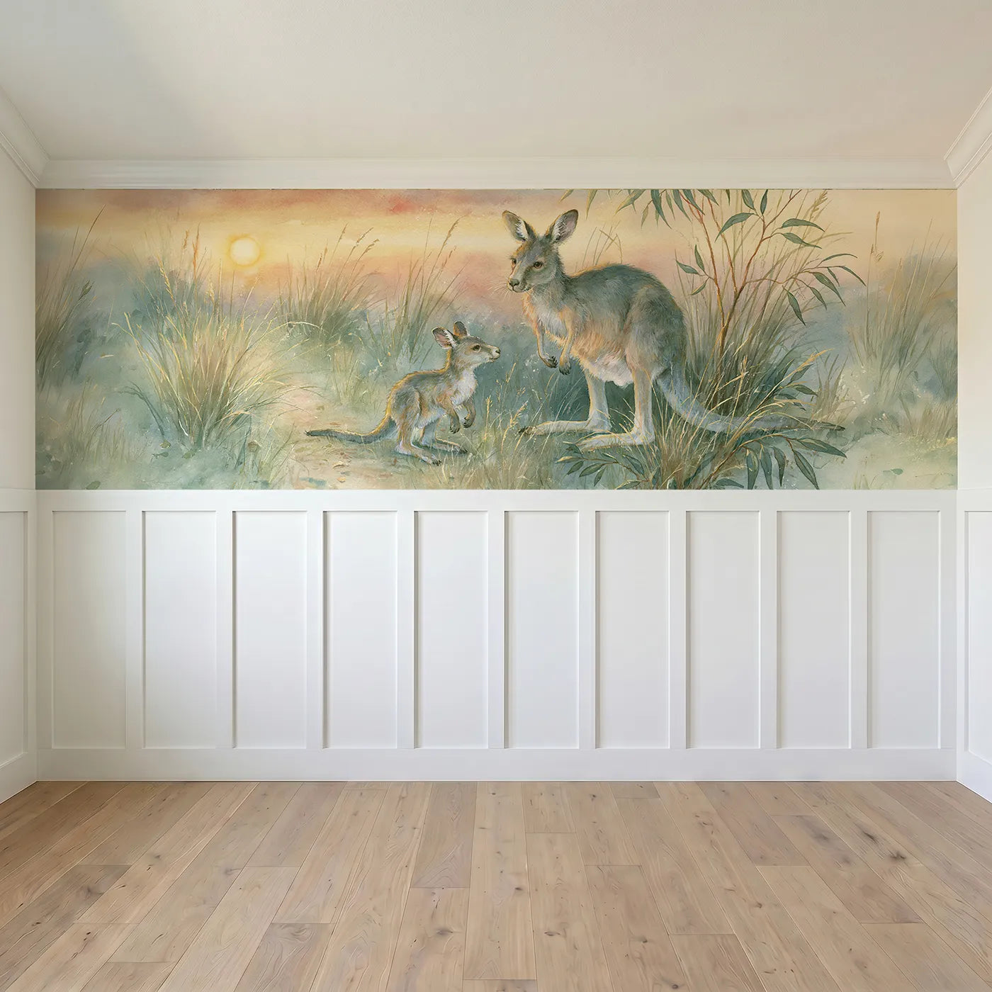 Full panel view of Kangaroo Joey Evening Hop Wainscoting Wallpaper by Whimsy Tots