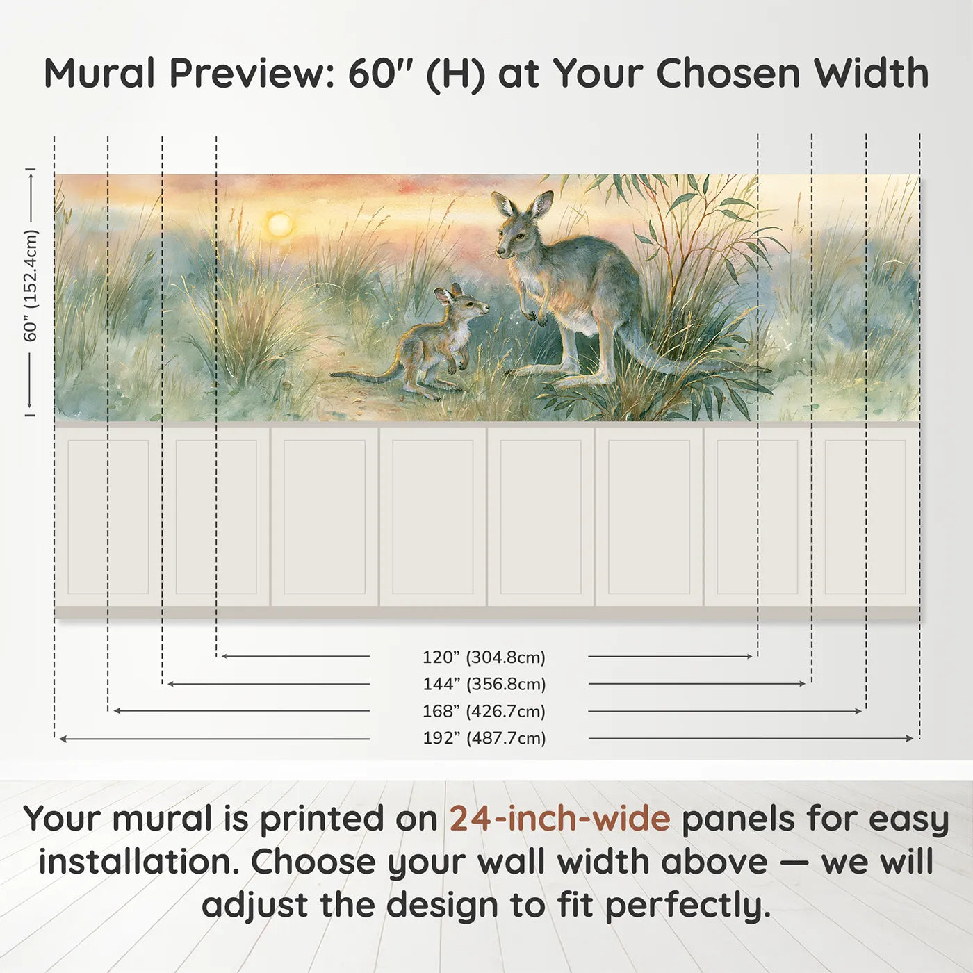Panel dimensions for Kangaroo Joey Evening Hop Wainscoting Wallpaper by Whimsy Tots