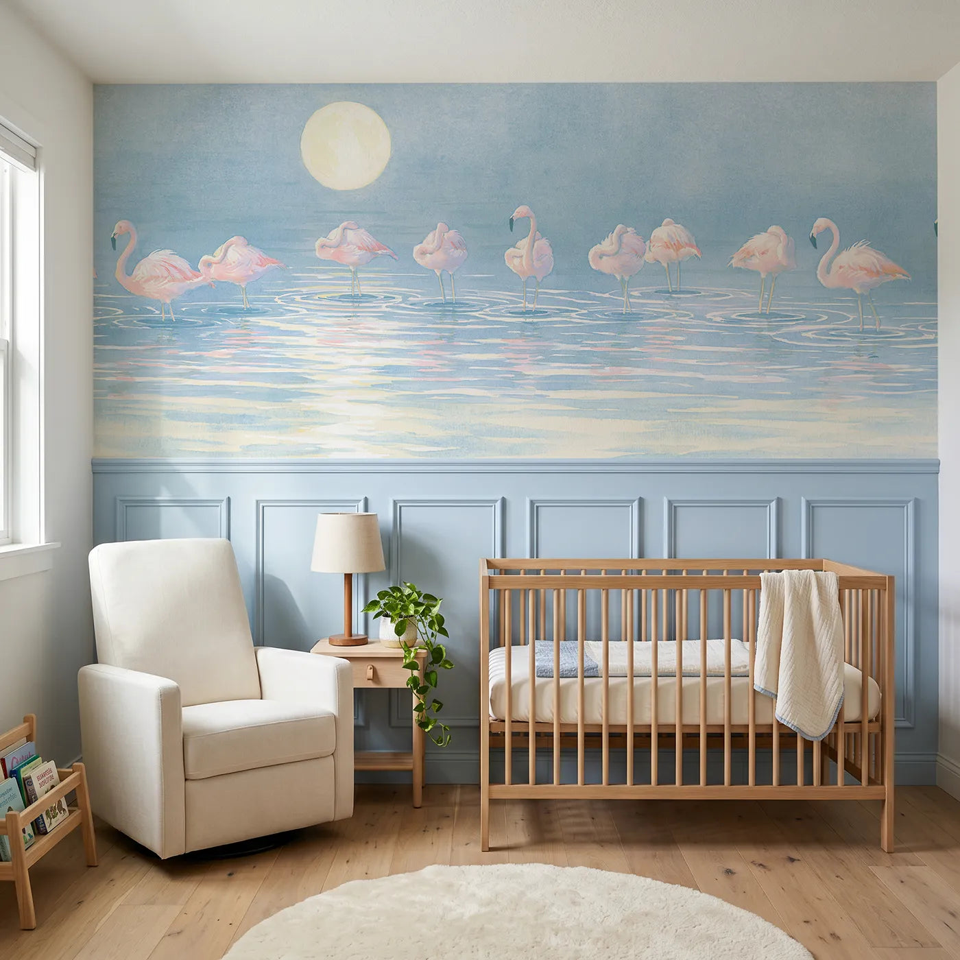 Soft pastel wainscoting mural of flamingos resting under moonlight for a nursery by Whimsy Tots