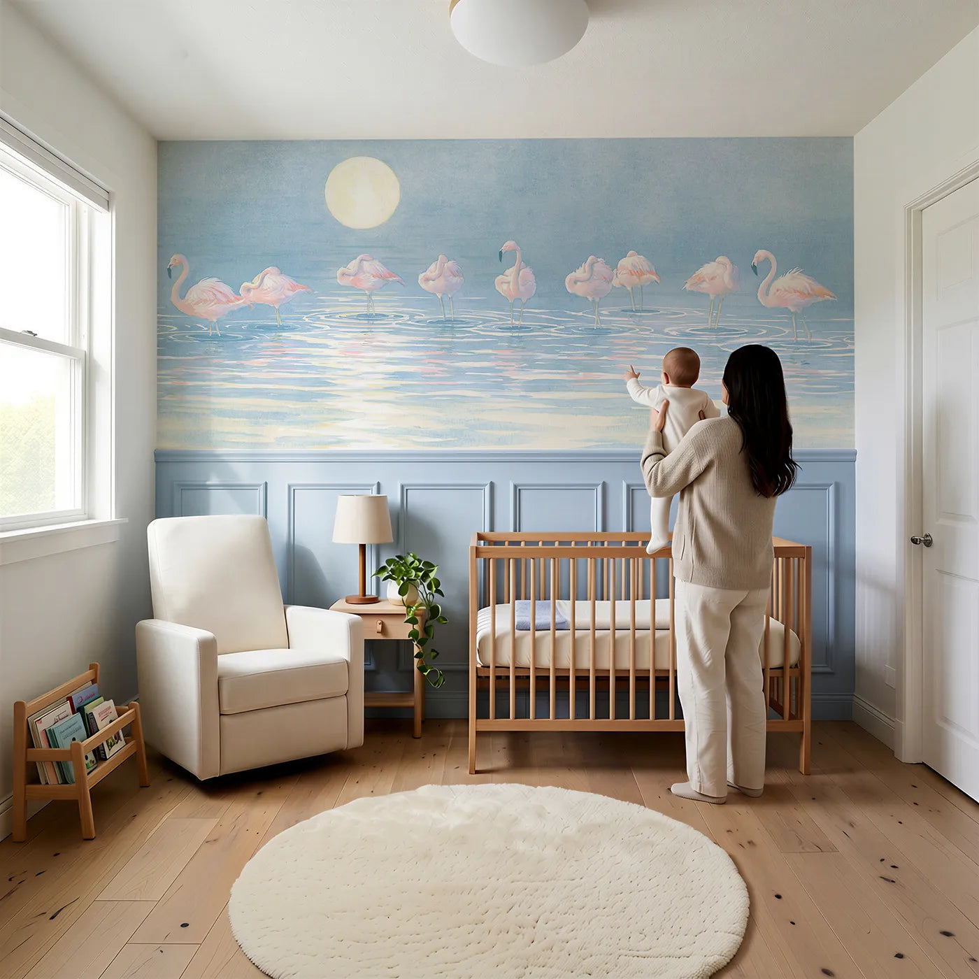 Child reading near Flamingo Moonrise Calm Wainscoting Wallpaper by Whimsy Tots