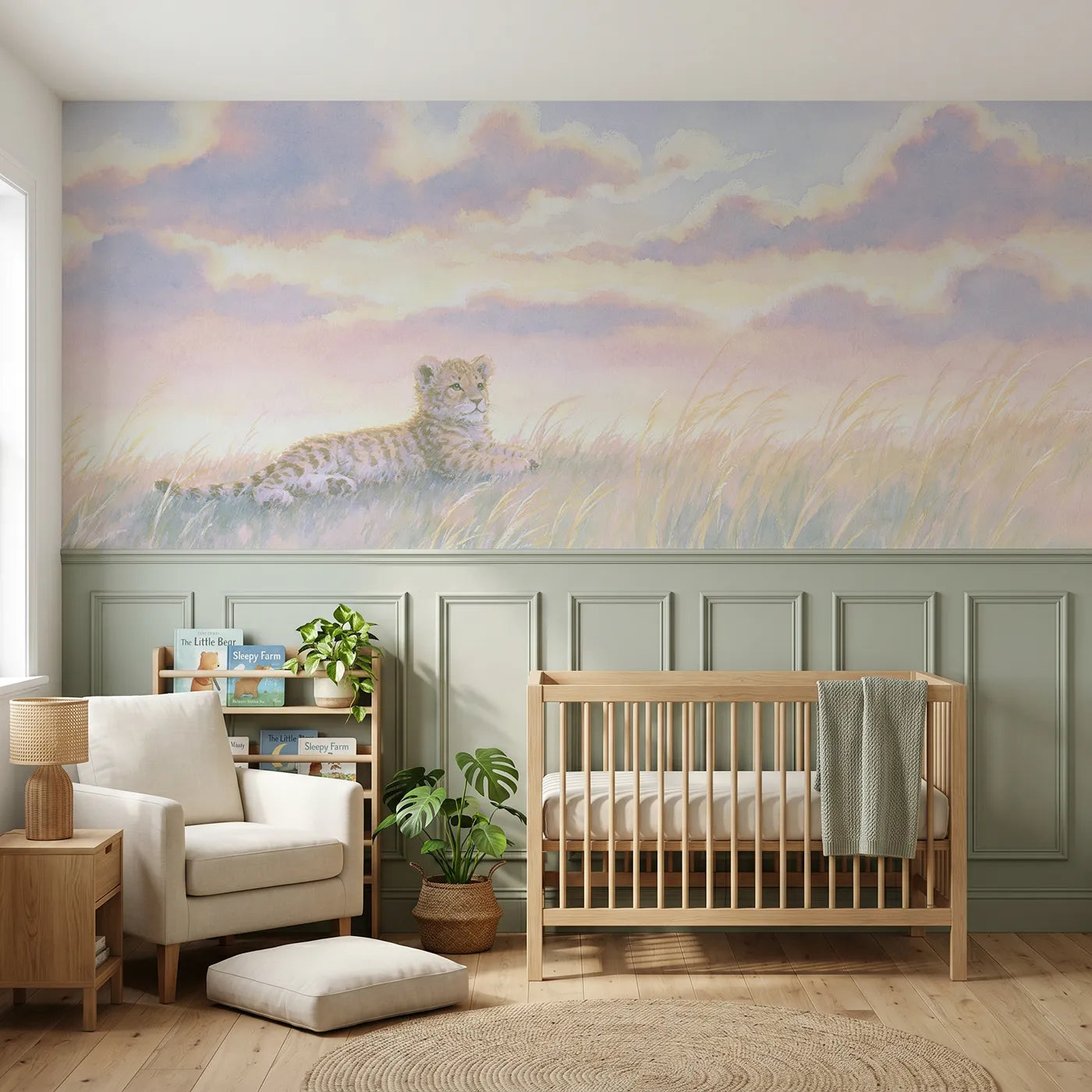 Soft pastel wainscoting wallpaper of a lion cub cloud watching for a toddler room by Whimsy Tots