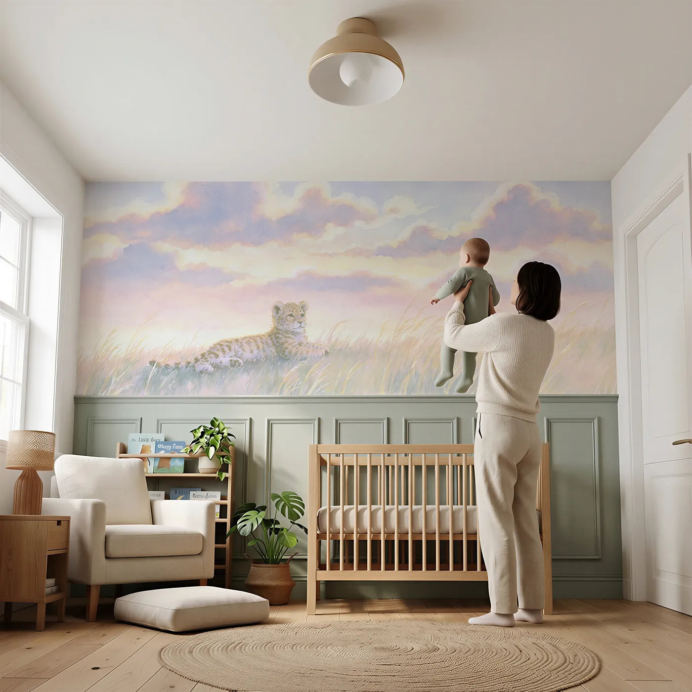 Child reading near Lion Cub Cloud Watching Wainscoting Wallpaper by Whimsy Tots