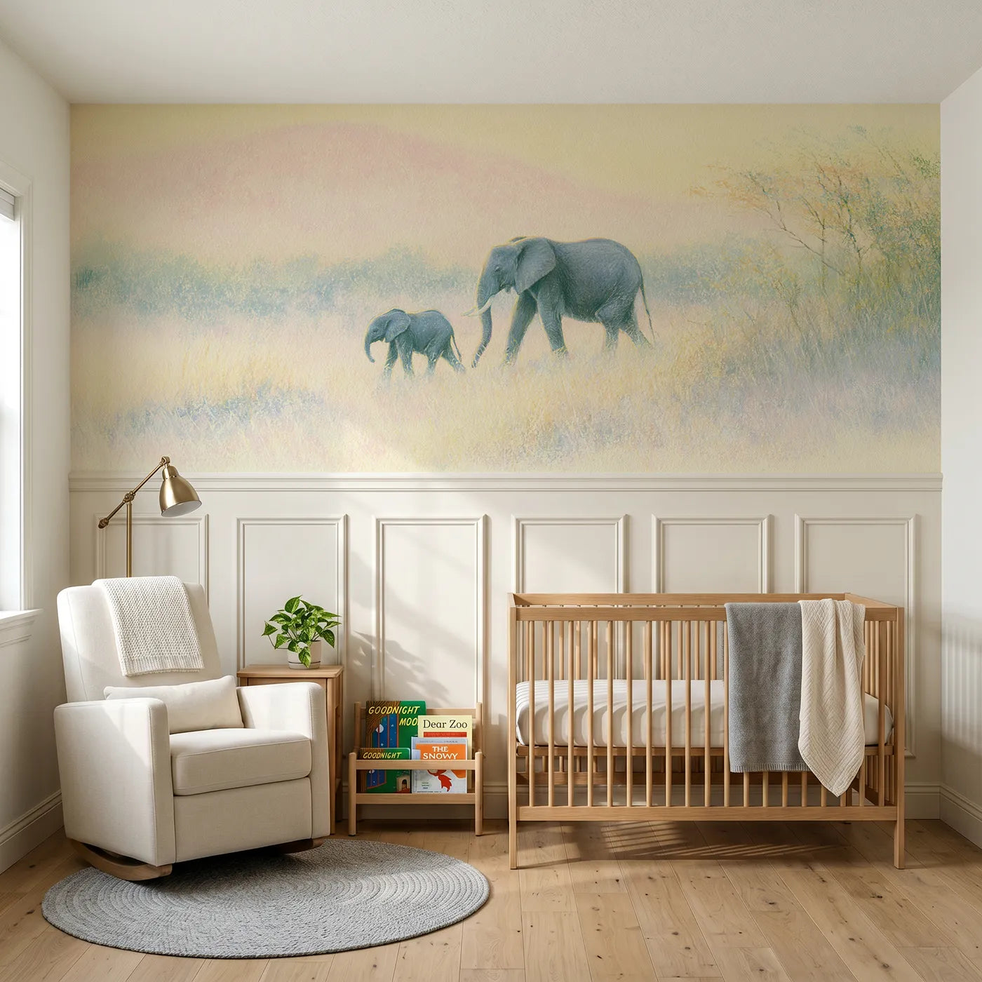 Soft pastel wainscoting wallpaper of elephants walking at dawn for a nursery by Whimsy Tots