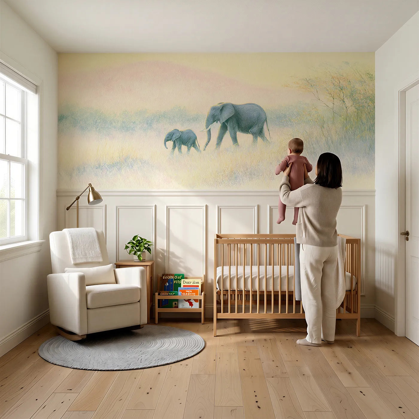 Child reading near Elephant Pair Dawn Walk Wainscoting Wallpaper by Whimsy Tots