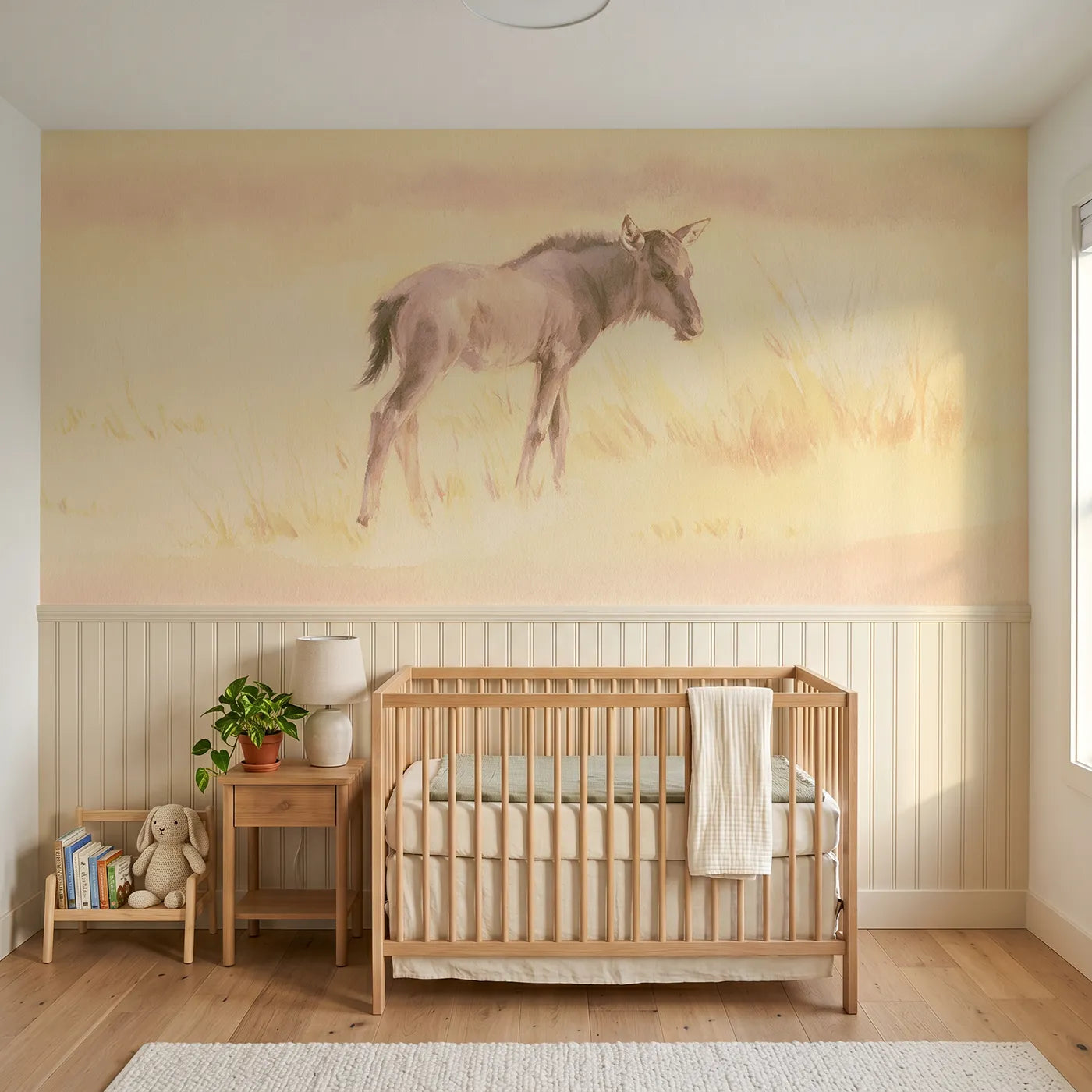 Soft pastel wainscoting wallpaper of a wildebeest calf at golden dusk for a nursery by Whimsy Tots