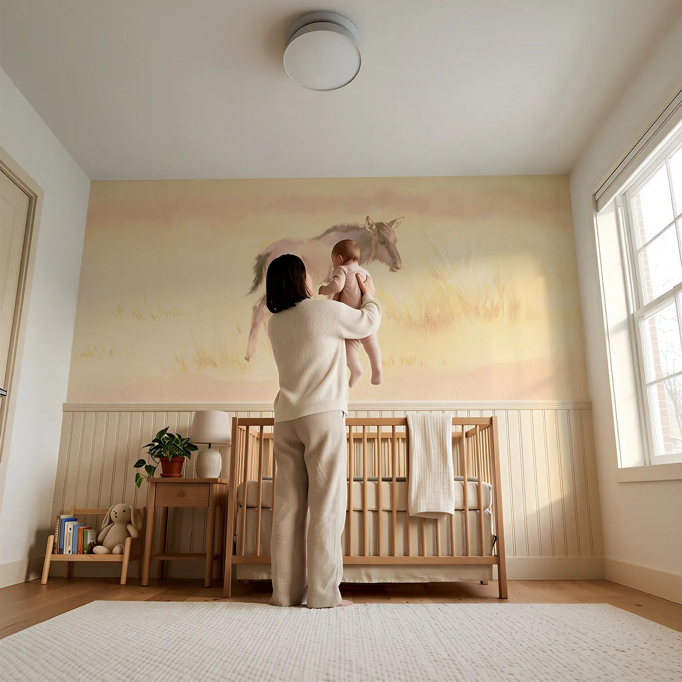 Child reading near Wildebeest Calf Quiet Evening Wainscoting Wallpaper by Whimsy Tots